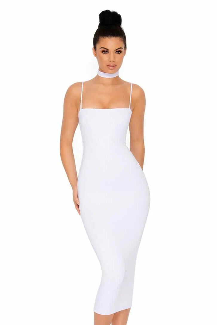 Choke Of Luck Double Layered Midi Dress with Choker in White