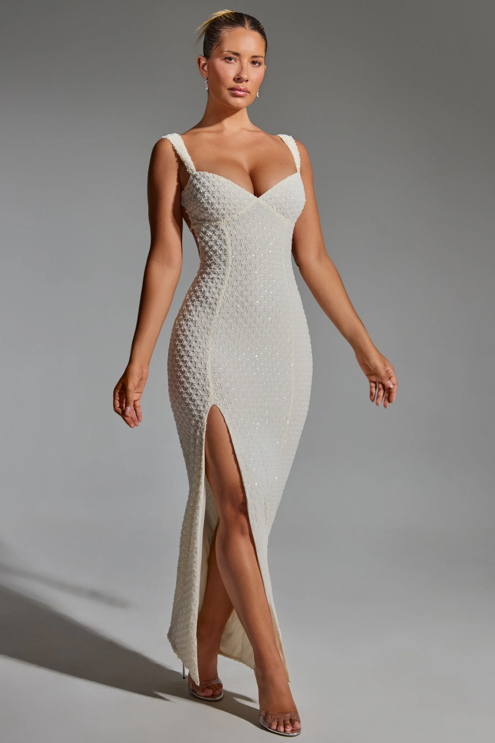 Embellished Open-Back Maxi Dress in White