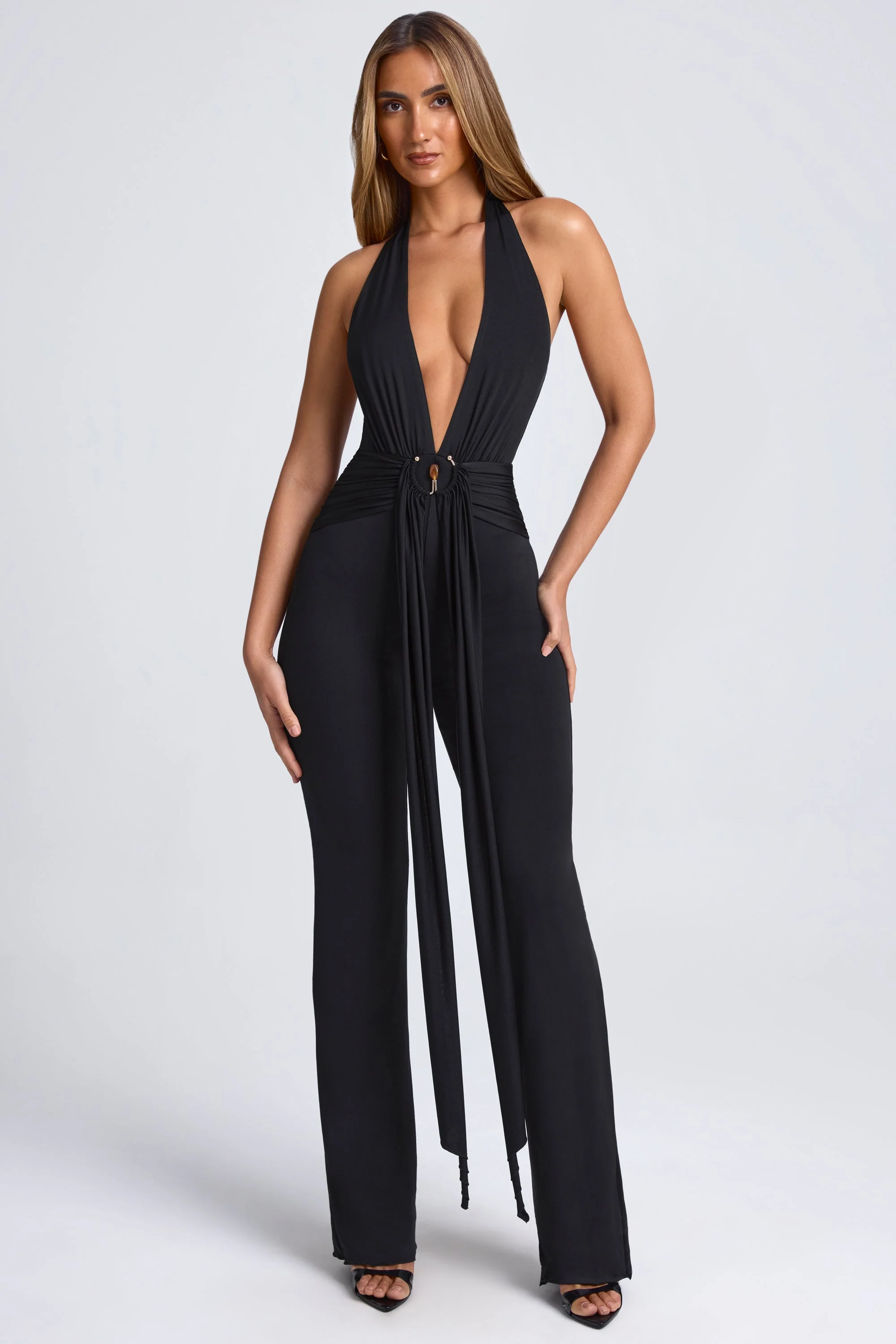 Hardware Detail Plunge Halterneck Jumpsuit in Black