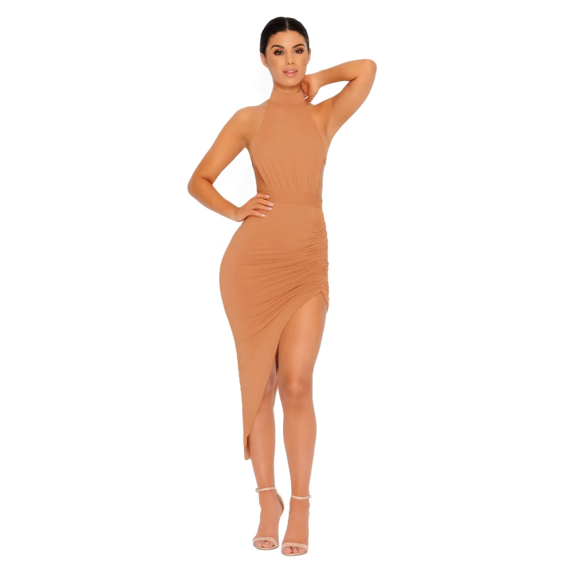 Eyes On The Thighs Halter Neck Asymmetric Midi Dress in Caramel