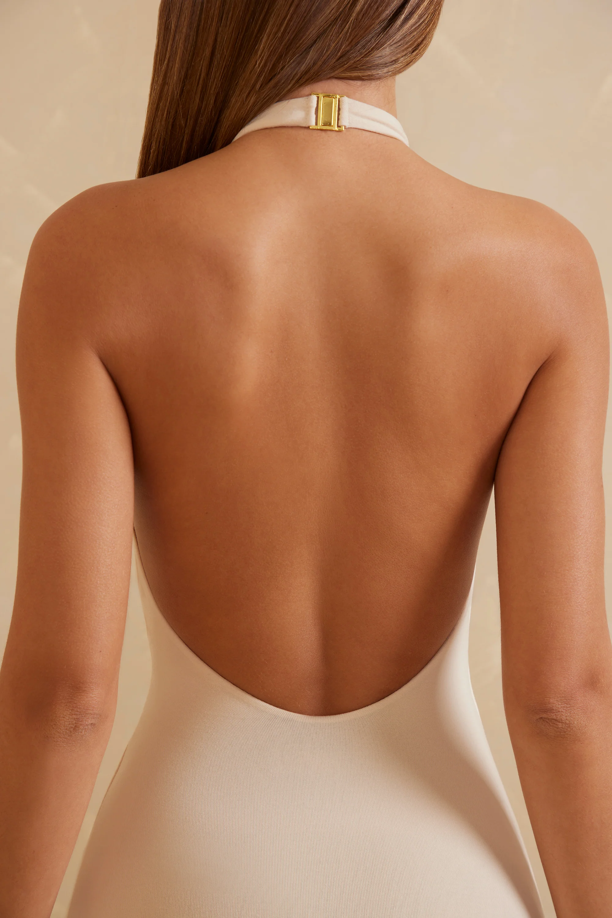 Halter Neck Low Back Mini Dress in Ivory