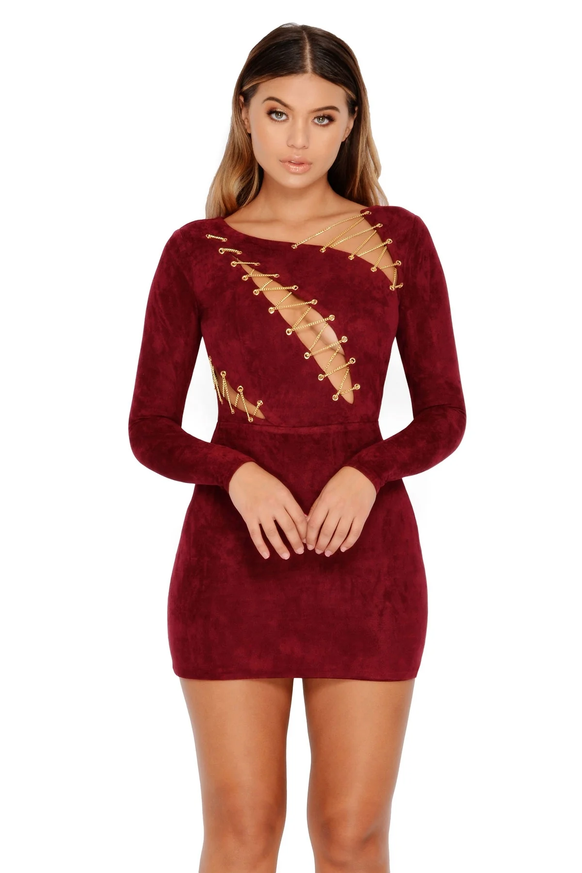 Don't Cut Corners Suede Cut Out Mini Dress in Wine