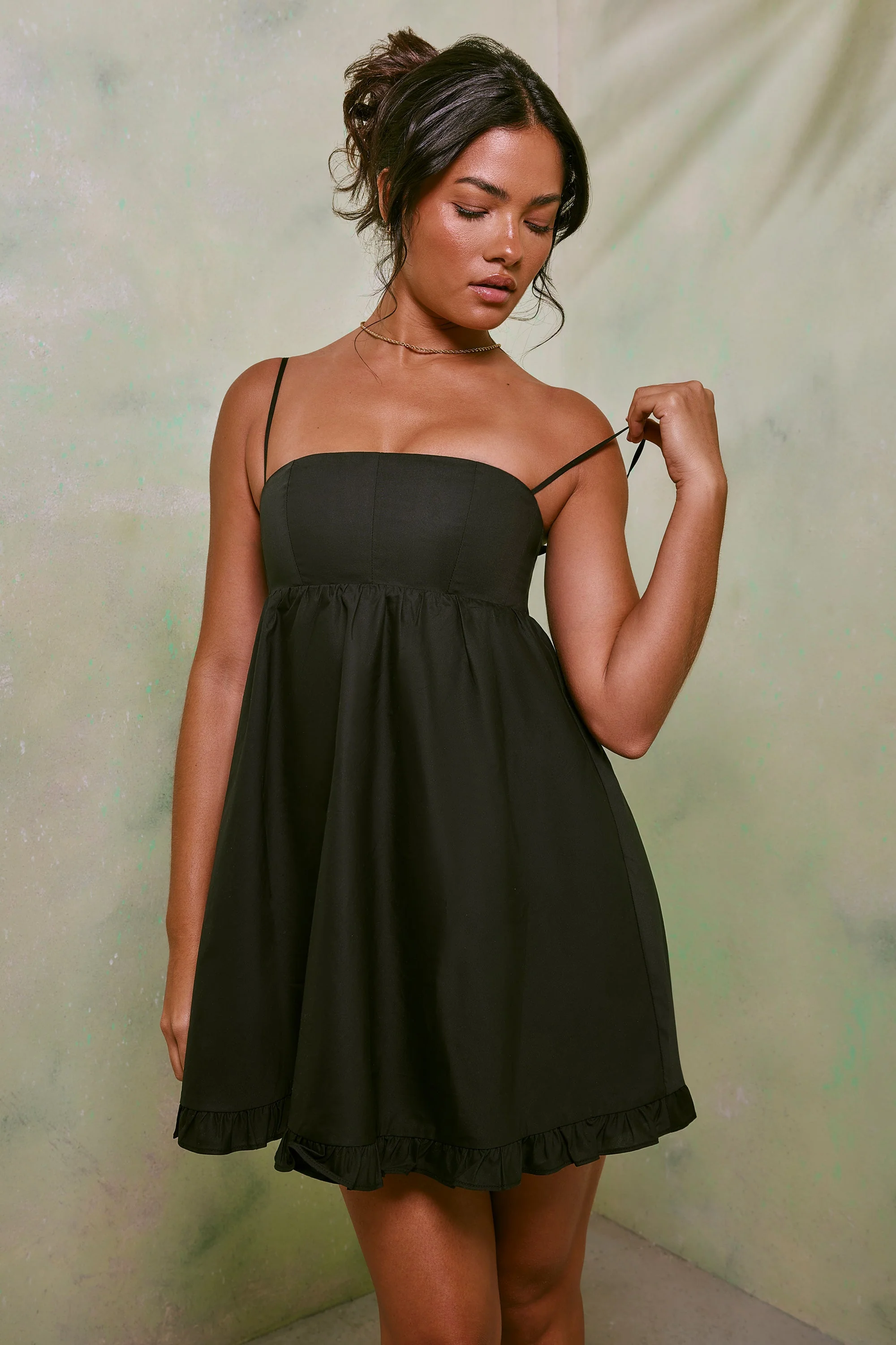 Empire Waist Cotton A-Line Mini Dress in Black