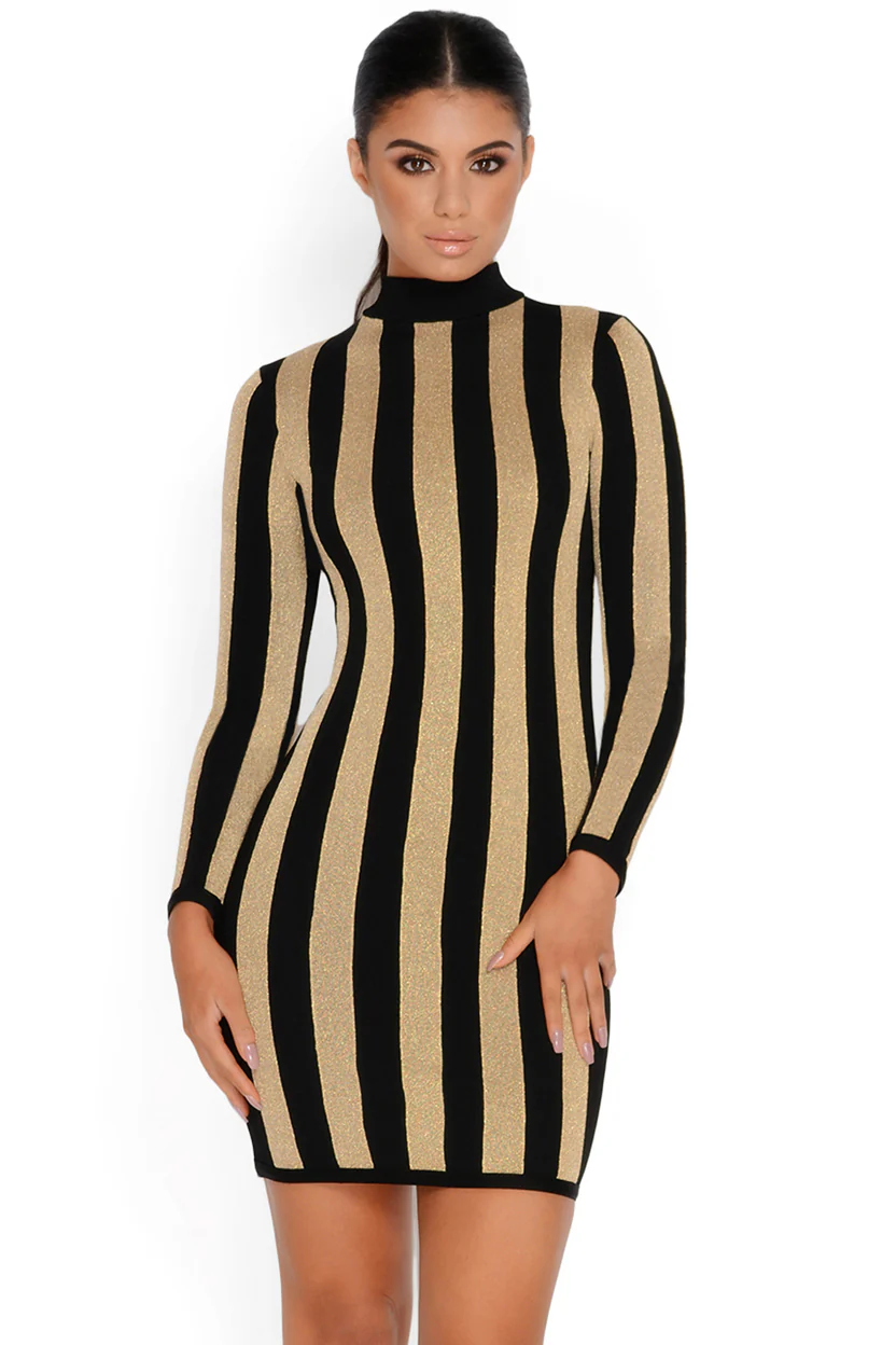 Gold Mine High Neck Stripey Mini Dress in Gold & Black