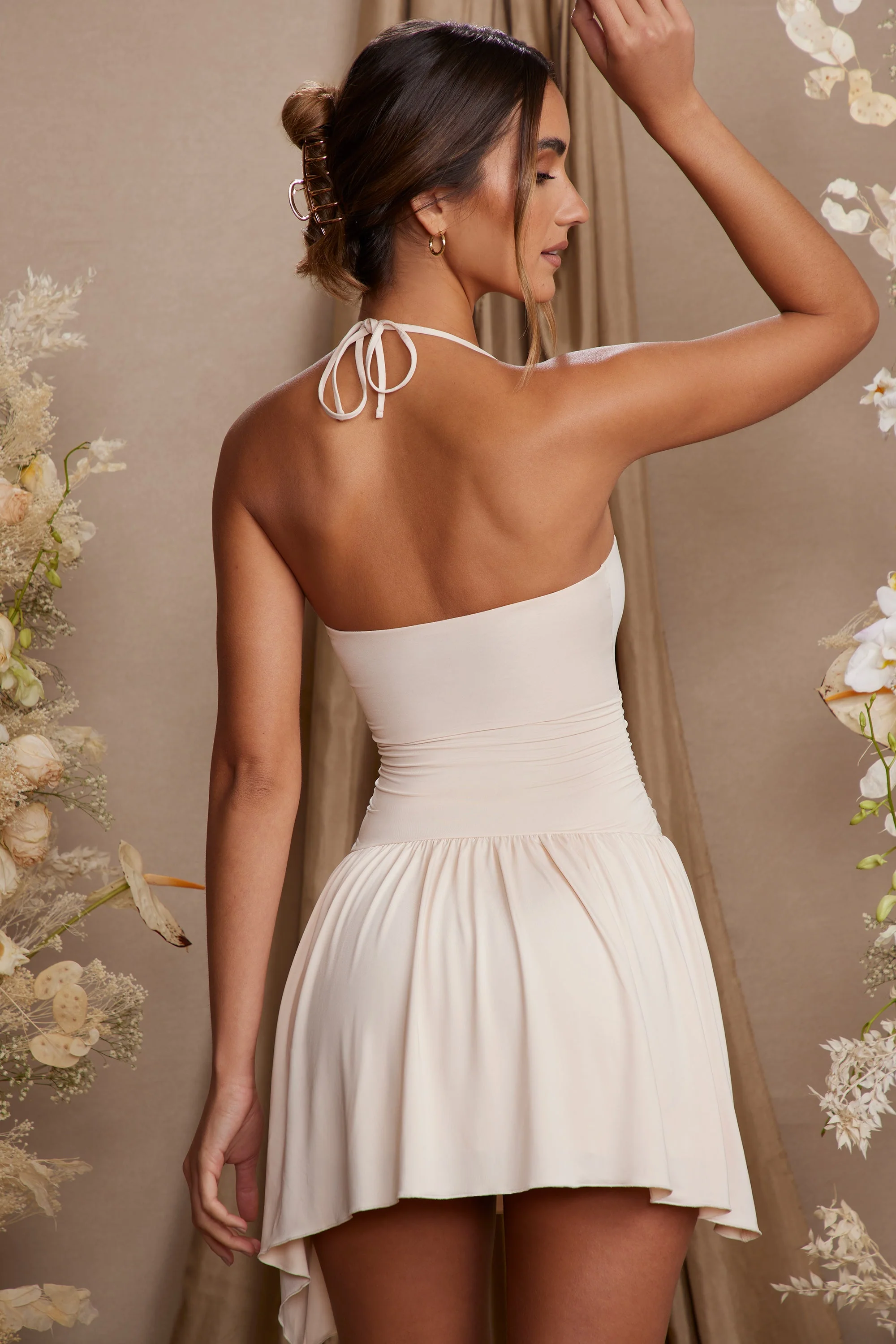 Halter Neck Asymmetric Mini Dress in Cream