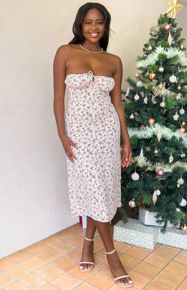 Dion White Floral Strapless Midi Dress
