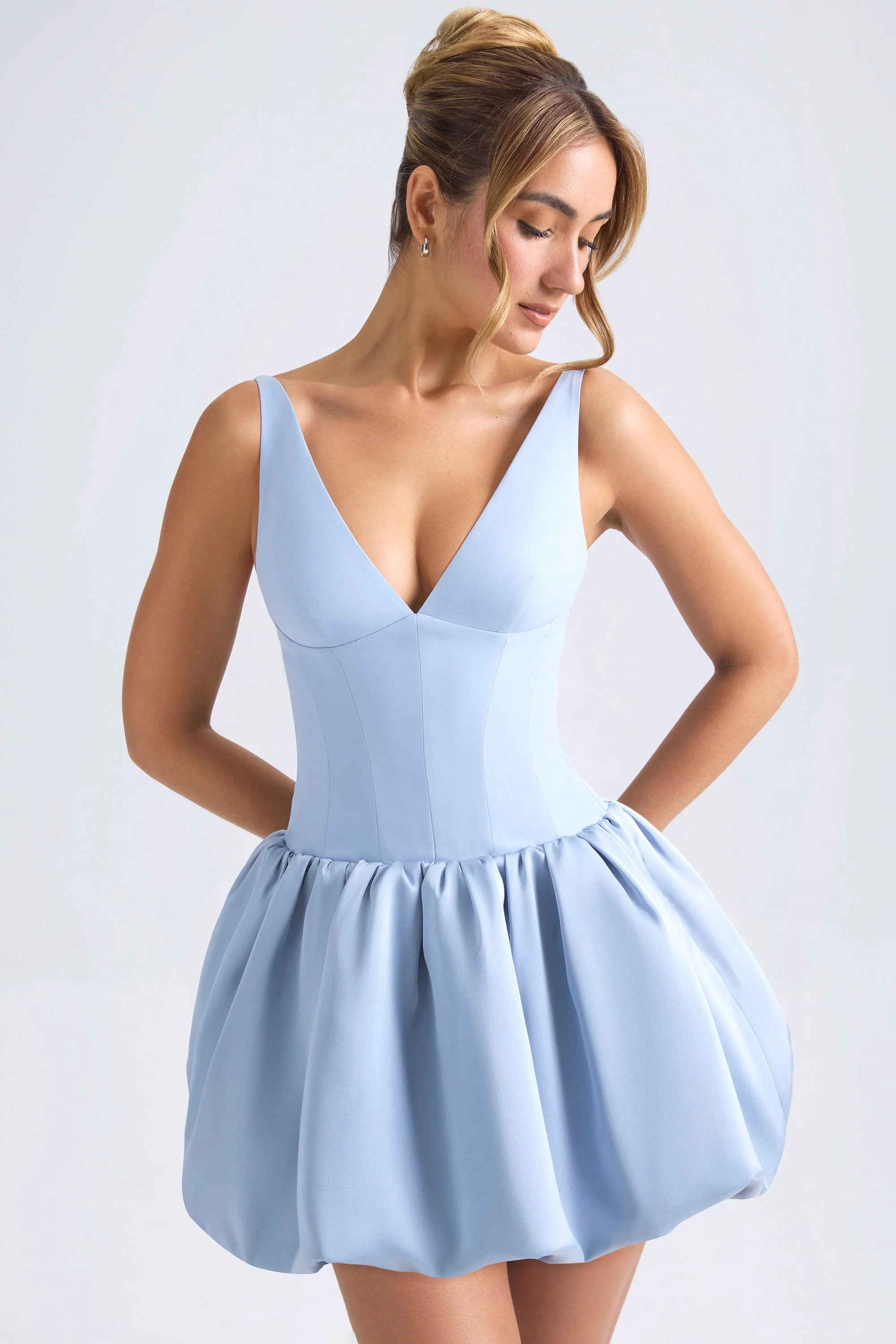 Lace-Up Bubble Hem Corset Micro Mini Dress in Light Blue