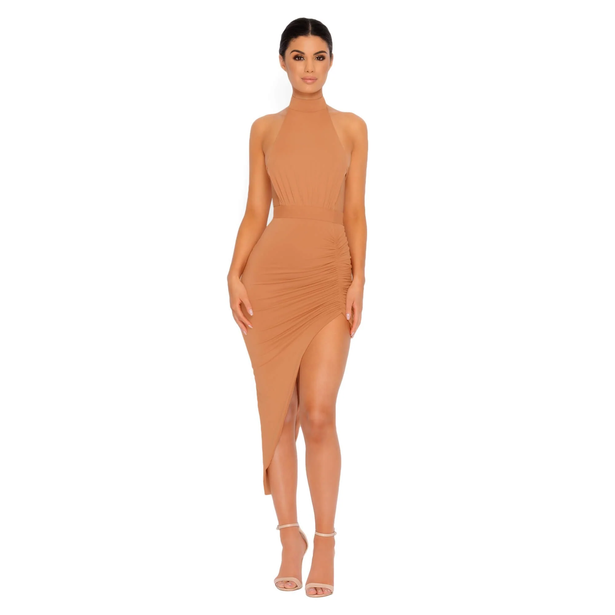 Eyes On The Thighs Halter Neck Asymmetric Midi Dress in Caramel