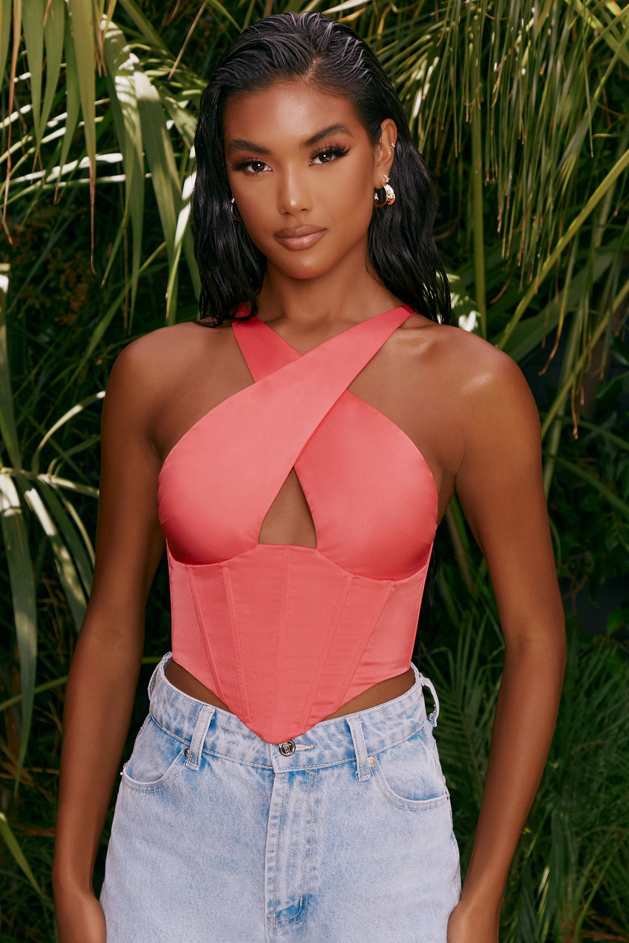 Hand On Heart Satin Keyhole Corset Crop Top in Pink
