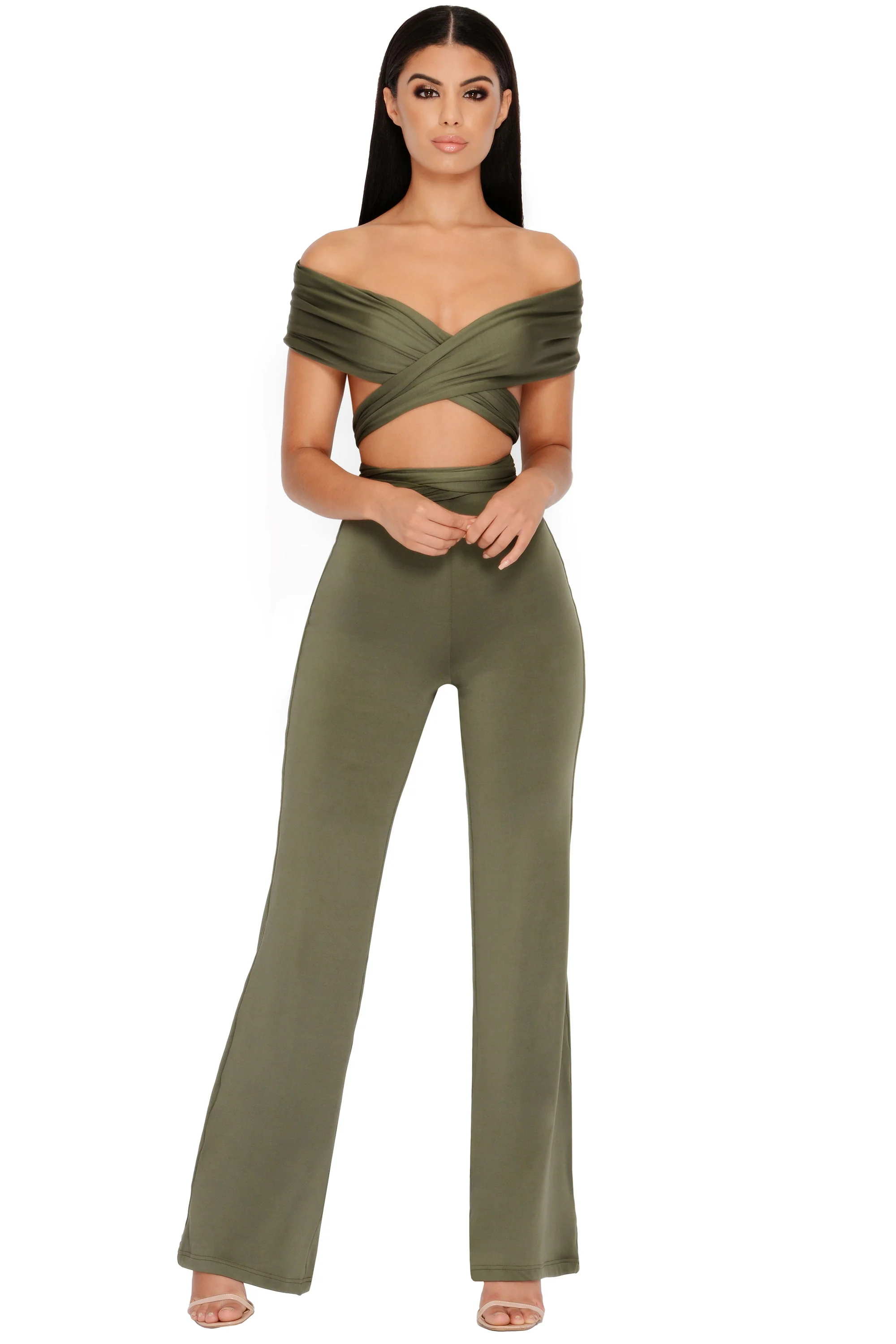 Late Night Ruche Off Shoulder Wrap Top in Khaki