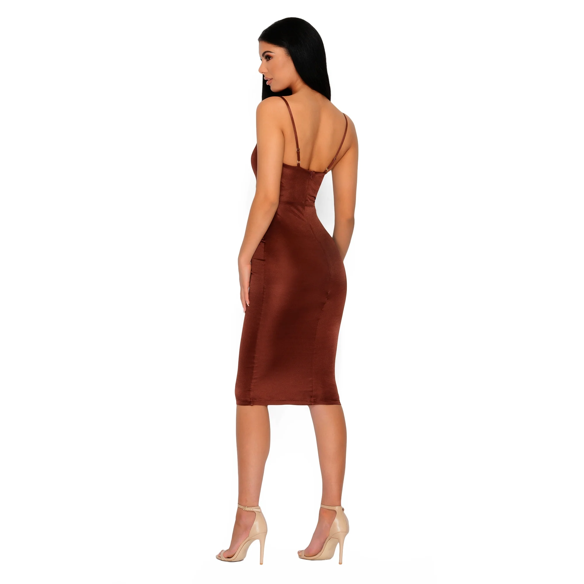 Deep & Bounds Structured Satin Midi Dress in Chocolate Brown