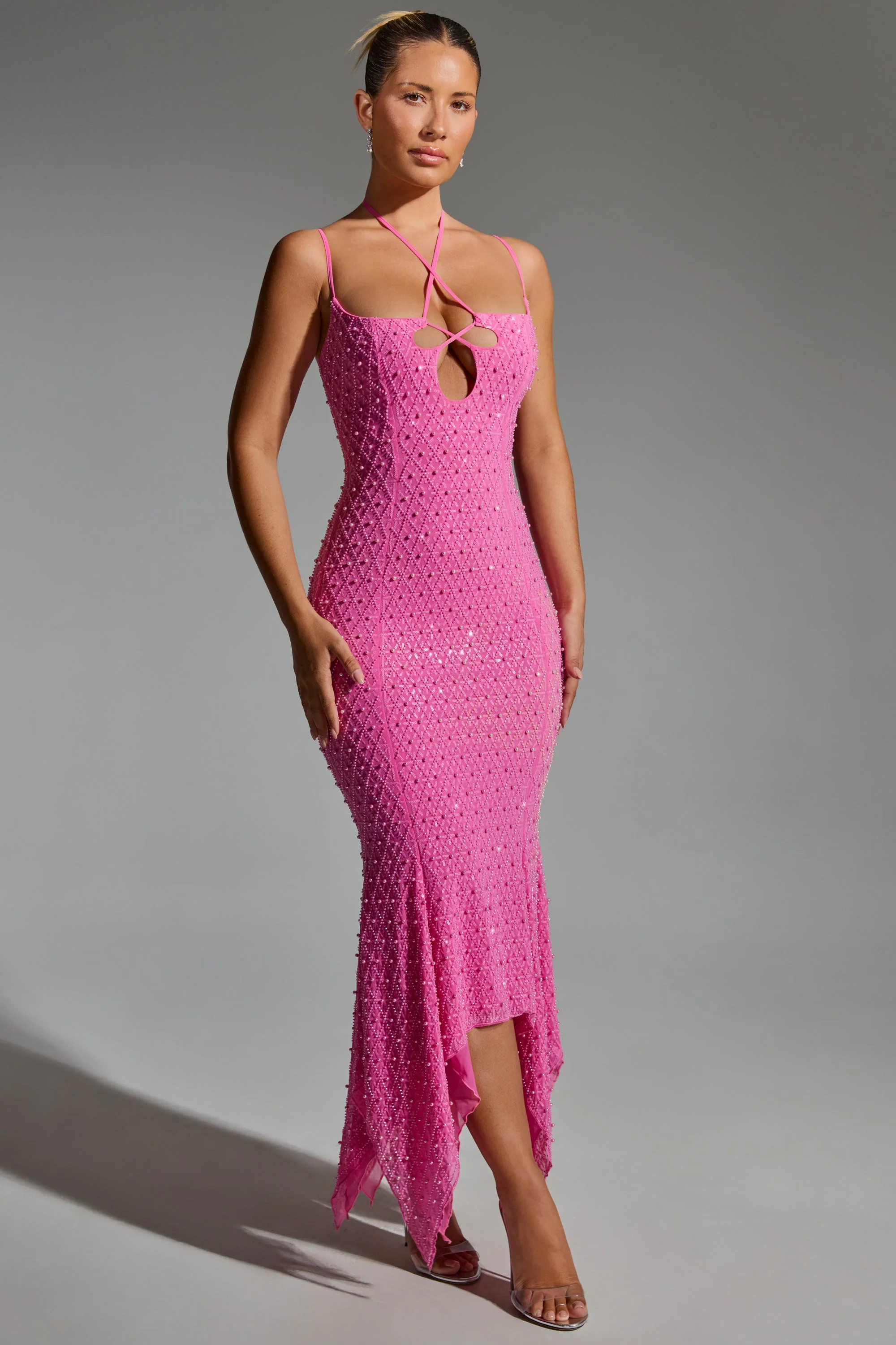 Embellished Cut-Out Asymmetric Midaxi Dress in Hot Pink