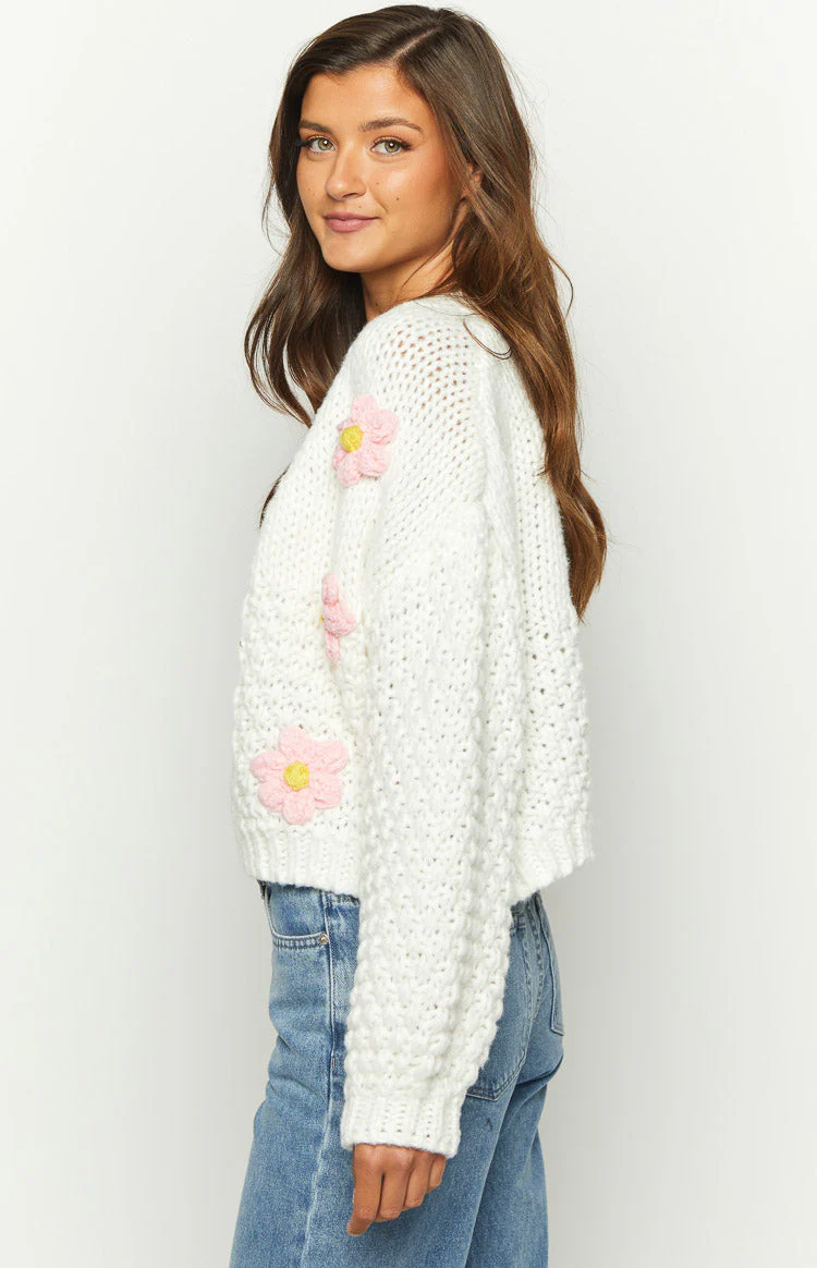 Luella White Flower Knit Cardigan