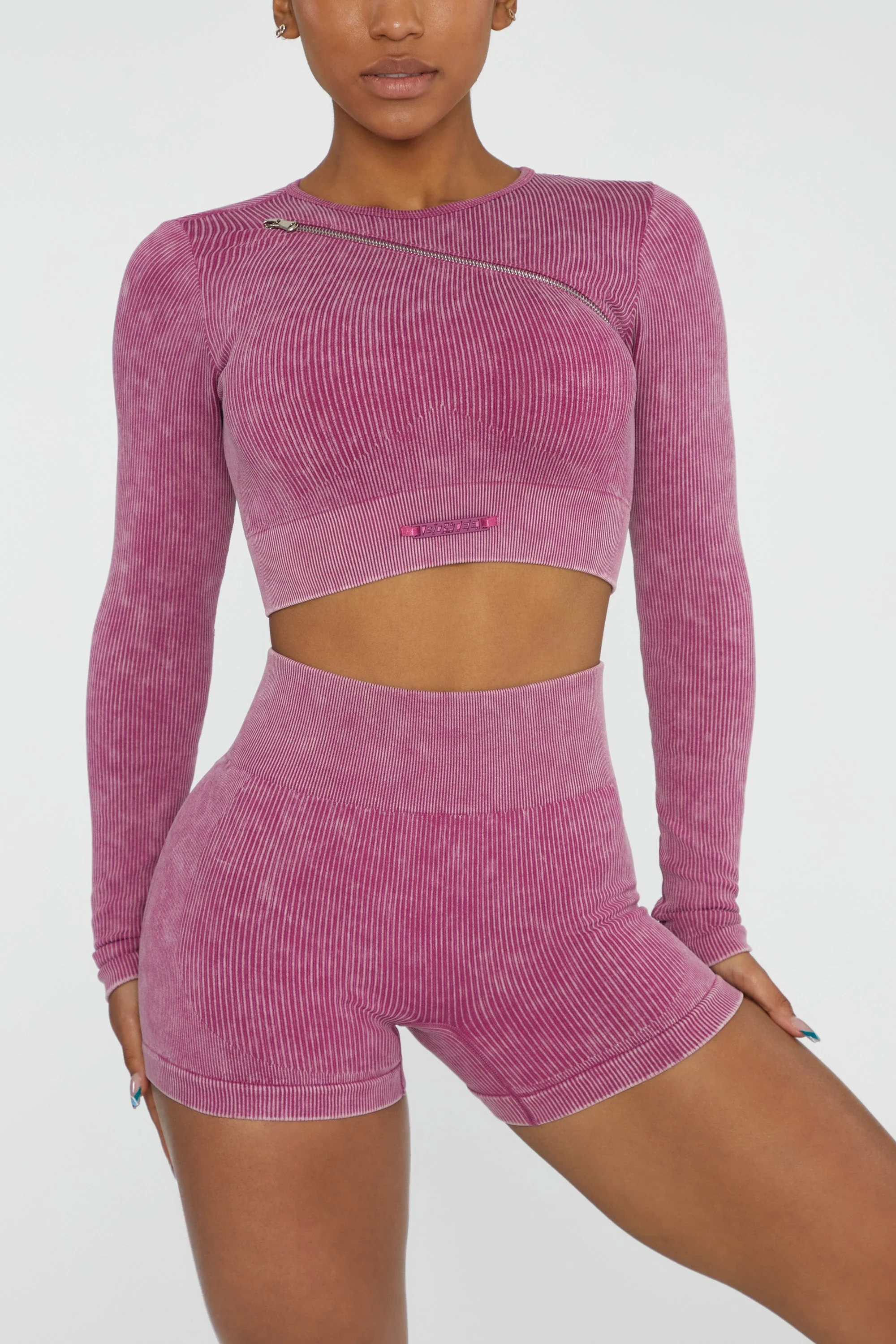 Long Sleeve High Neck Zip Crop Top in Dark Pink
