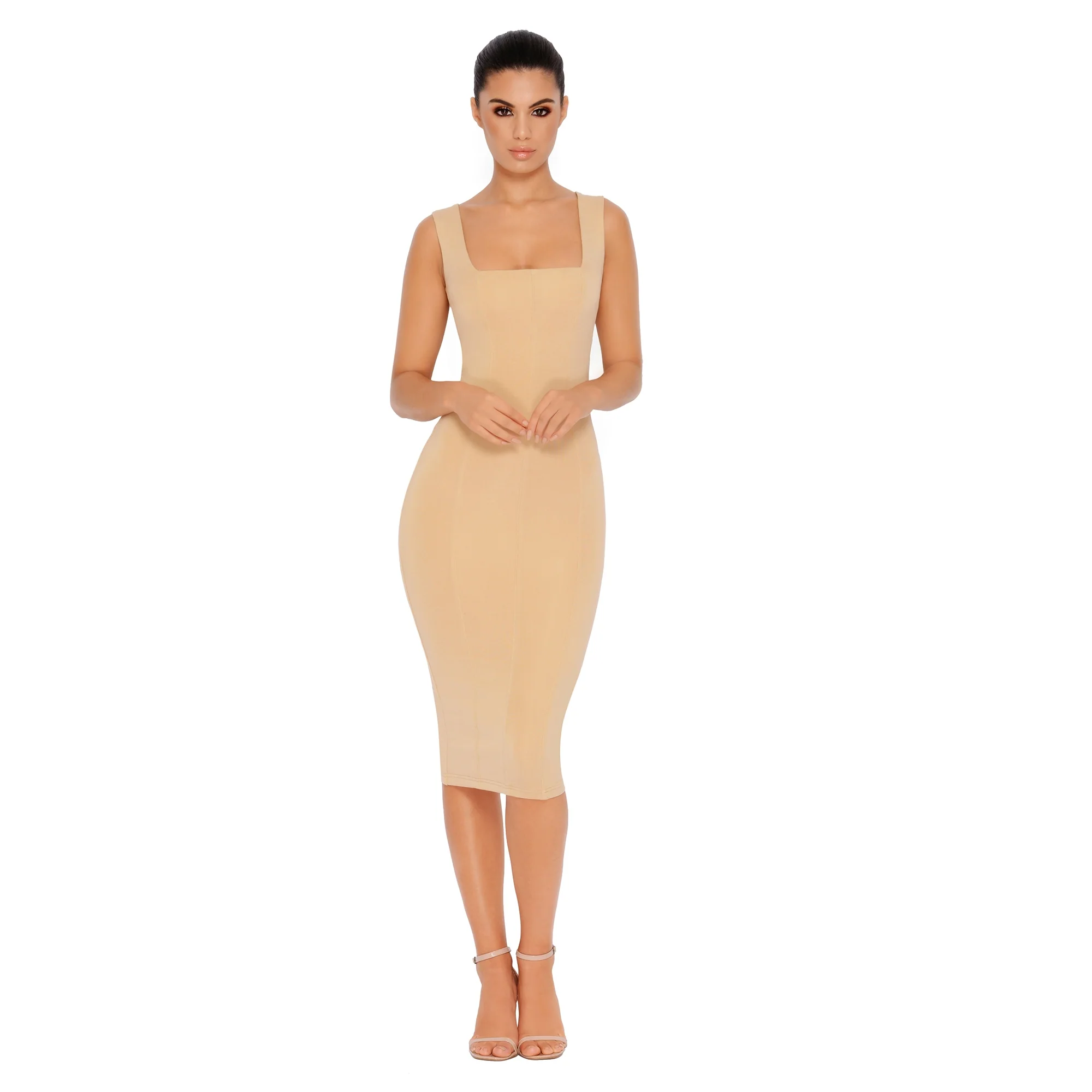 Hip To Be Square Double Layered Midi Dress in Beige