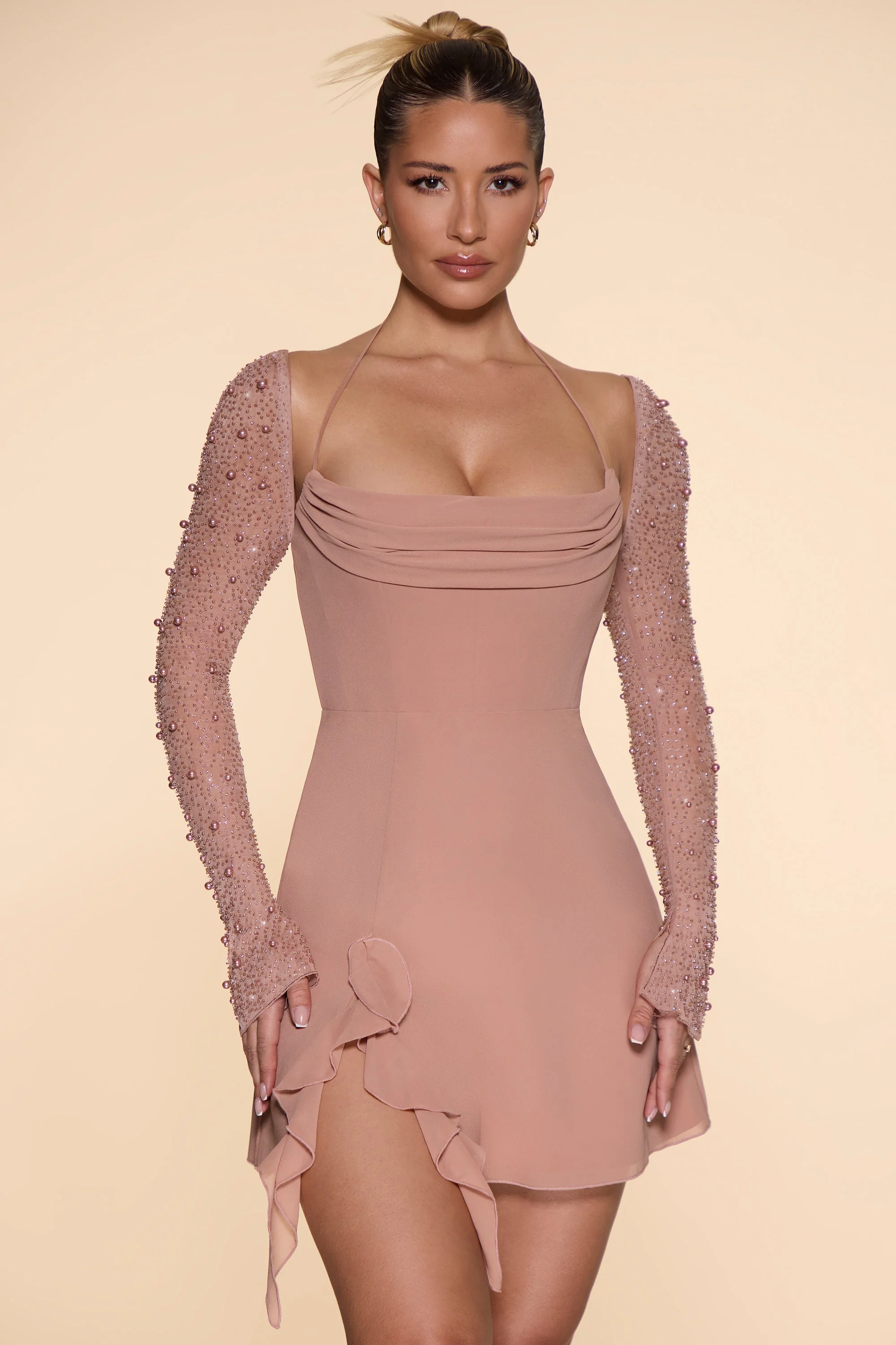 Long Sleeve Cowl Neck A-Line Mini Dress in Beige