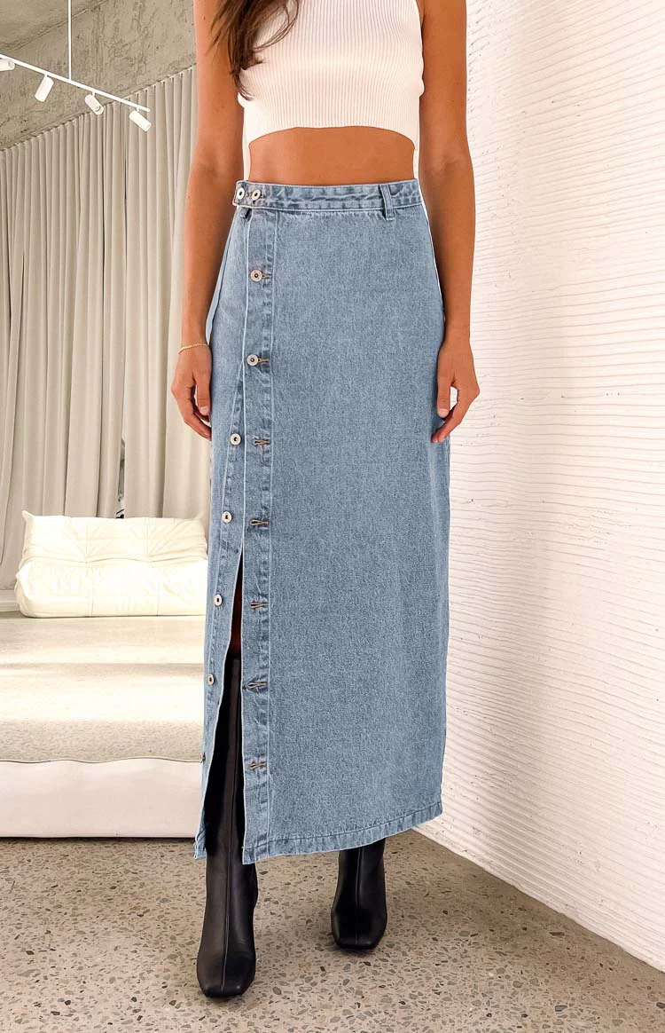 Fazio Button Side Denim Maxi Skirt