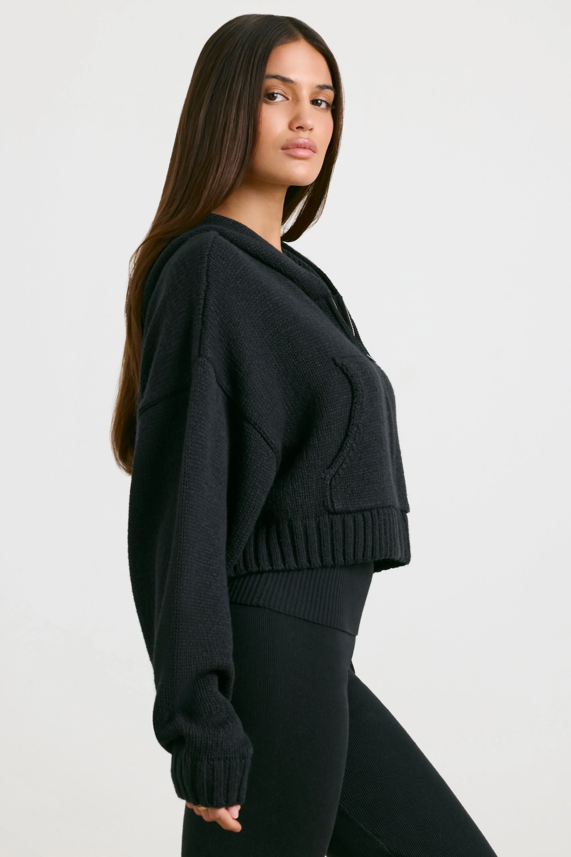 Cropped Zip Up Chunky Knit Hoodie in Black