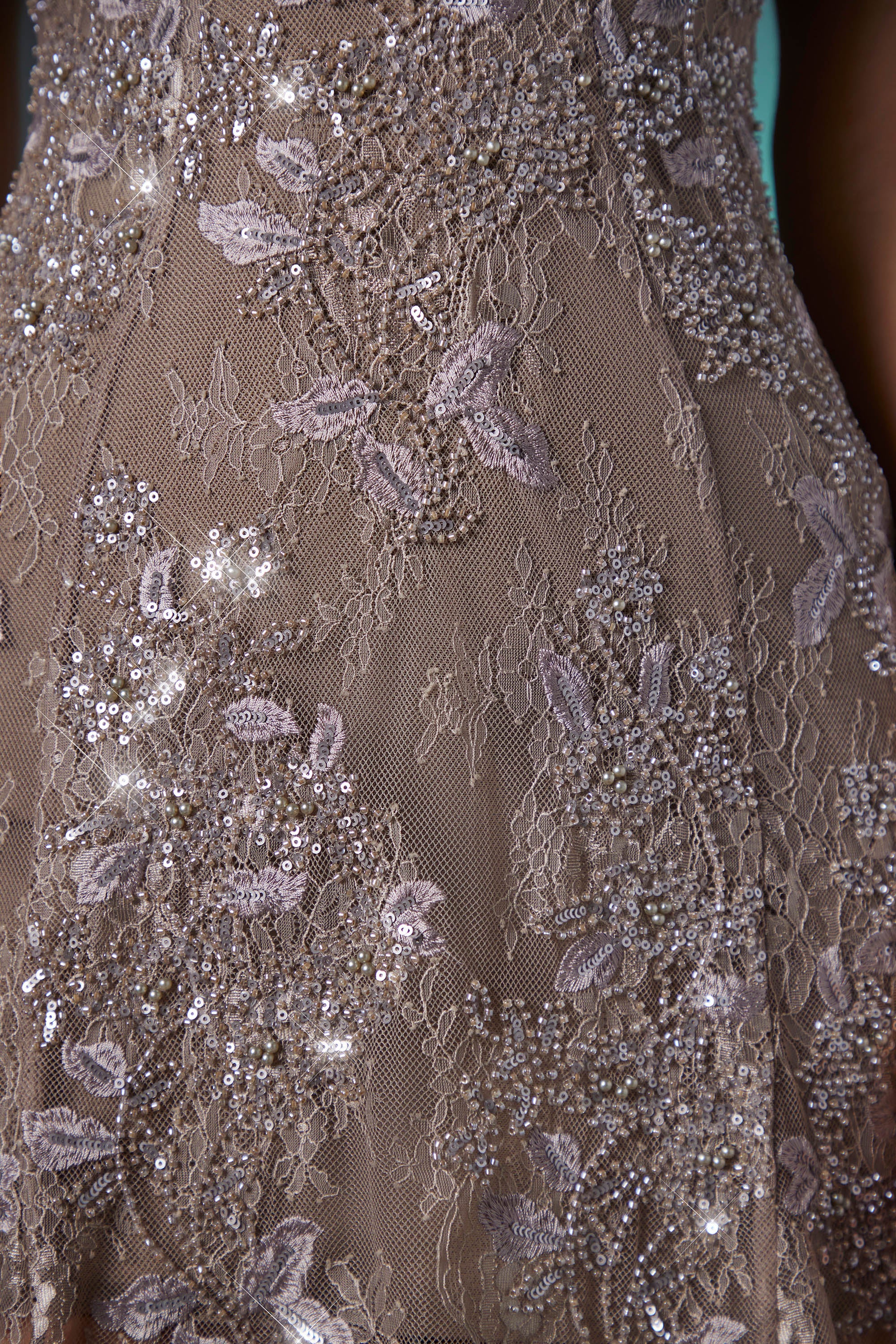 Embellished Lace Mini Dress in Taupe