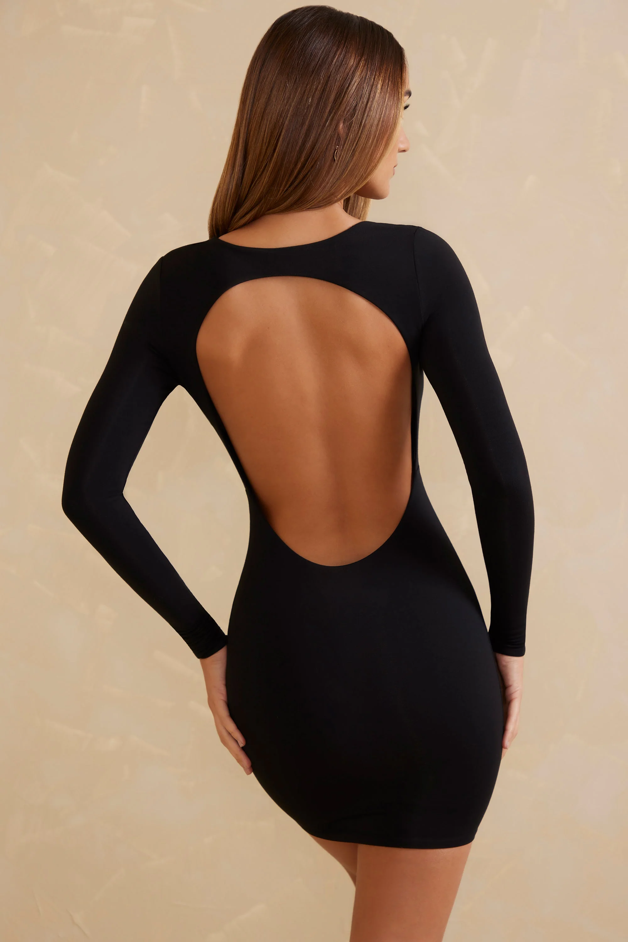 Long Sleeve Open Back Mini Dress in Black
