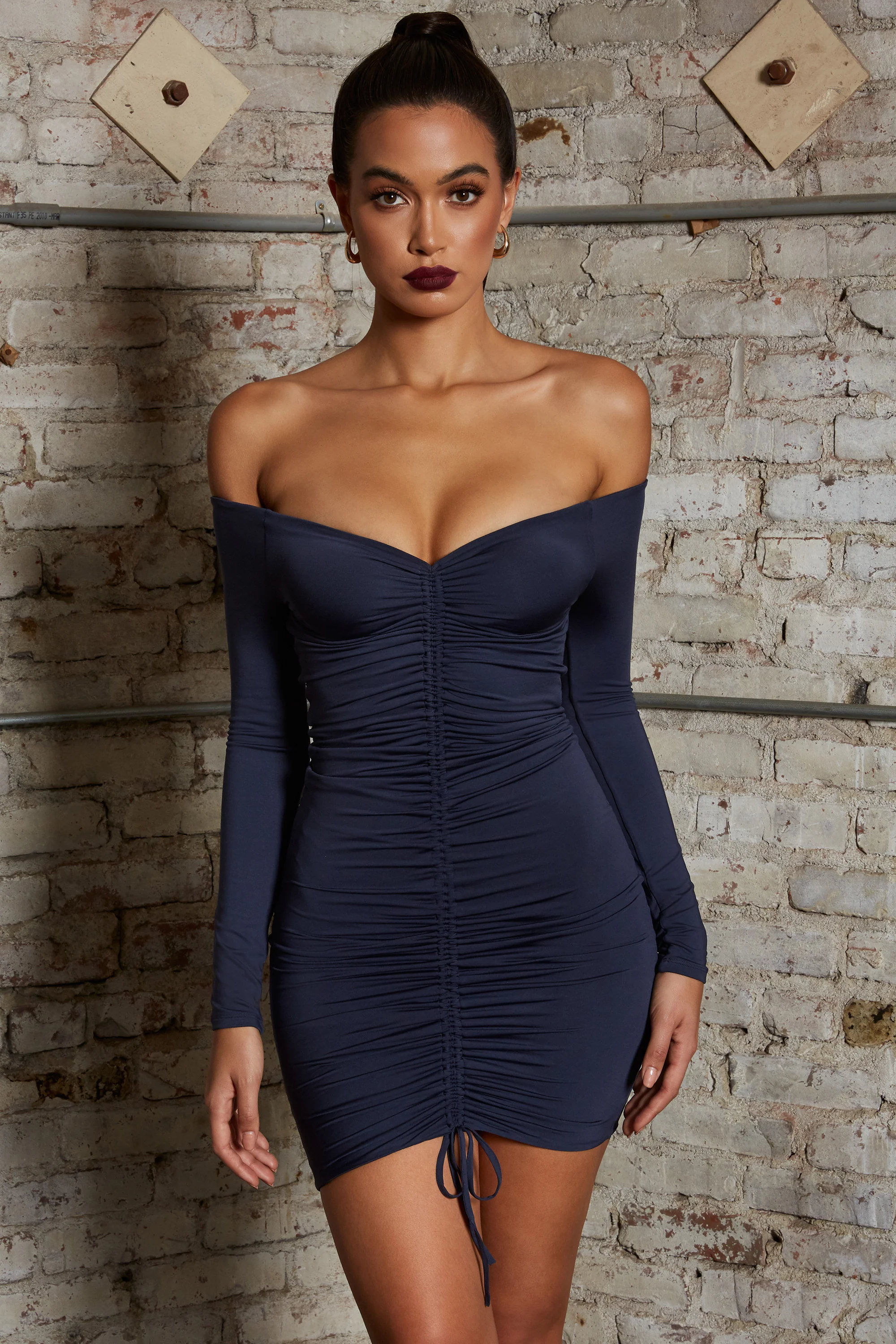 Get Down Tonight Long Sleeve Ruche Bardot Mini Dress in Midnight Blue