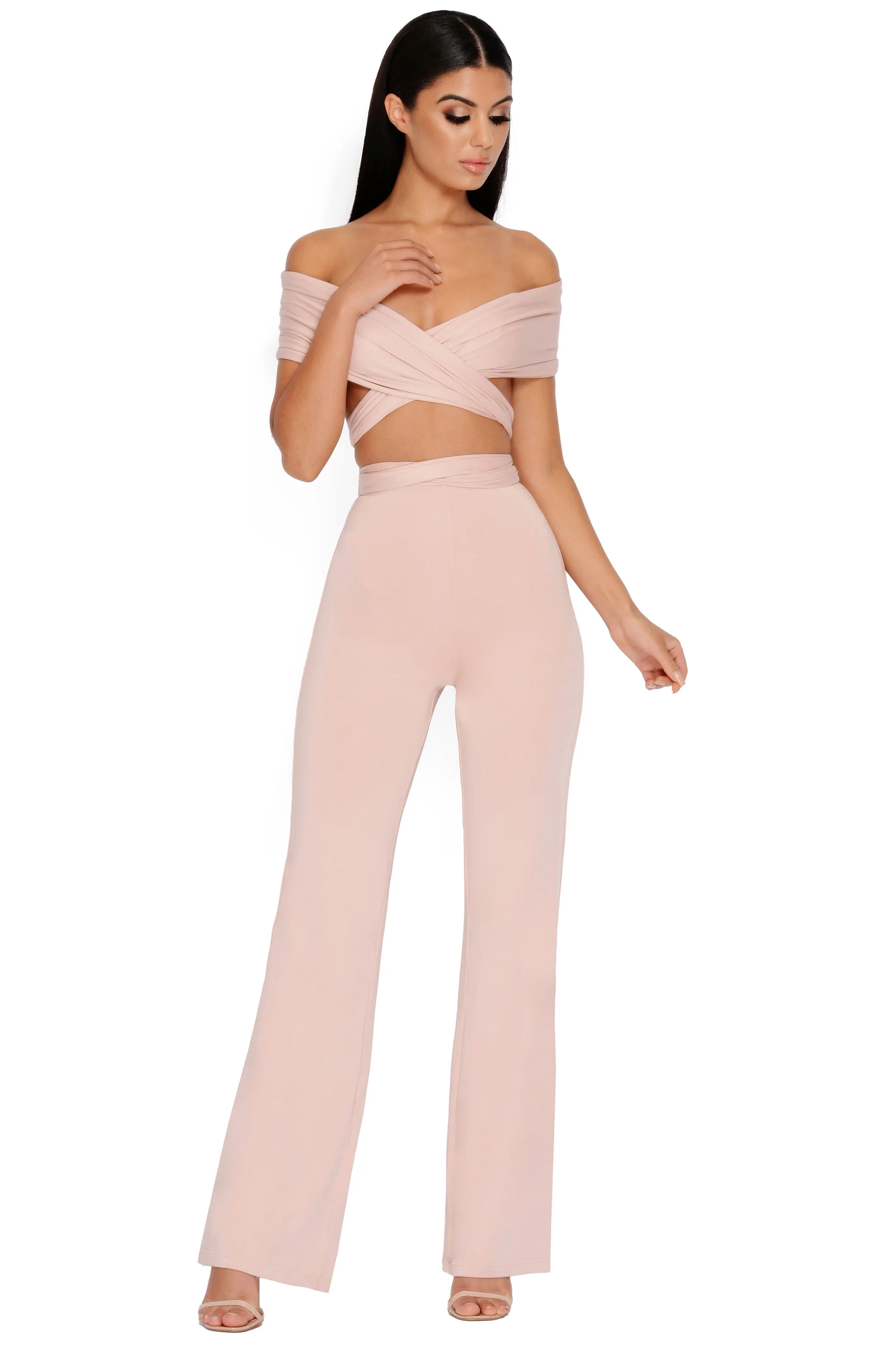 Late Night Ruche Off Shoulder Wrap Top in Blush