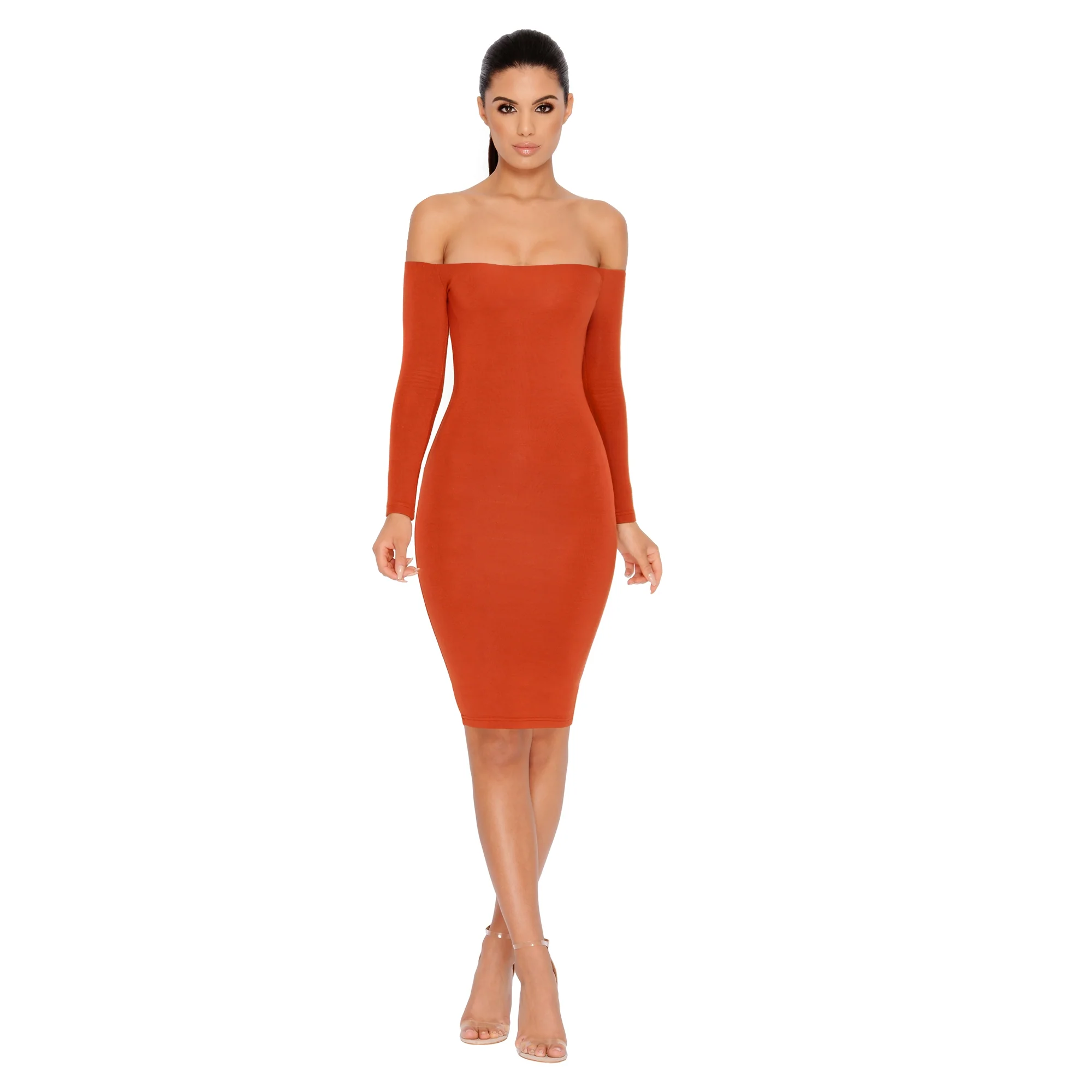 Bare Enough Off The Shoulder Double Layered Midi Dress in Copper
