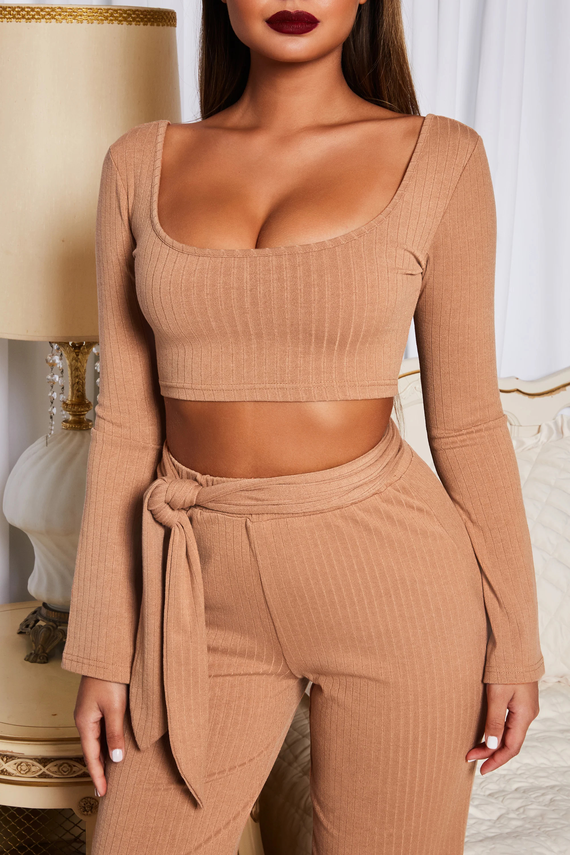 Hands Are Tied Ribbed Long Sleeve Crop Top in Camel