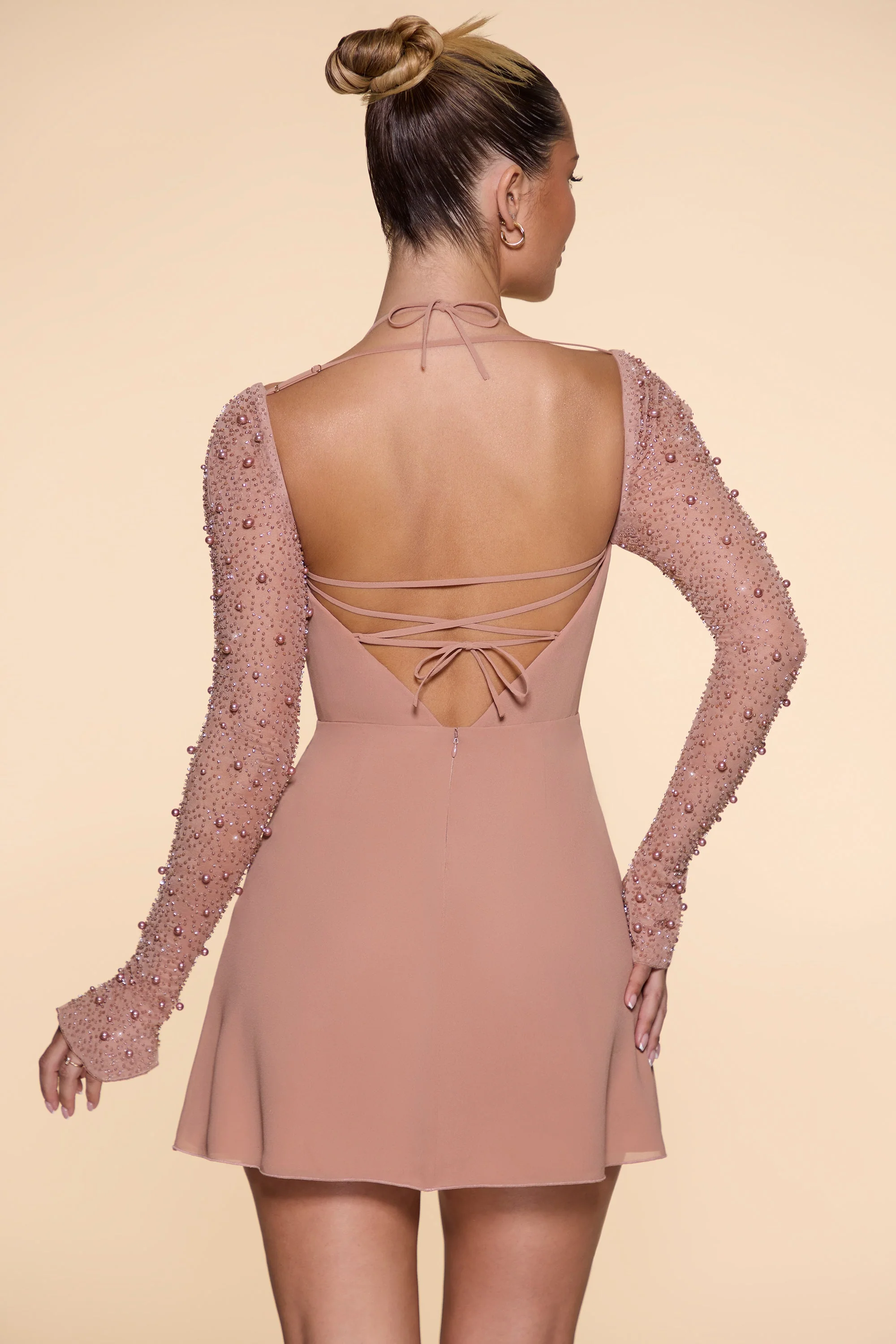 Long Sleeve Cowl Neck A-Line Mini Dress in Beige