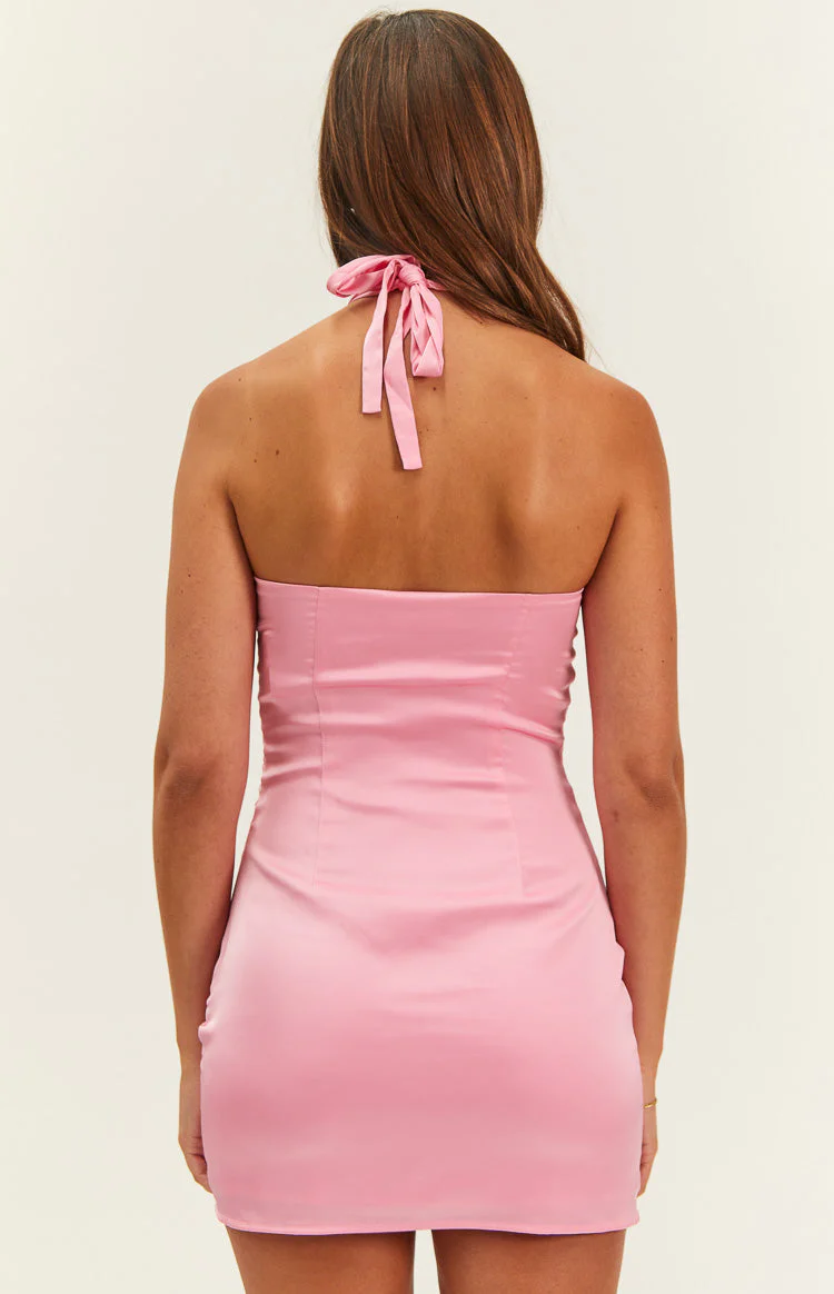 Hannah Pink Satin Halter Mini Dress