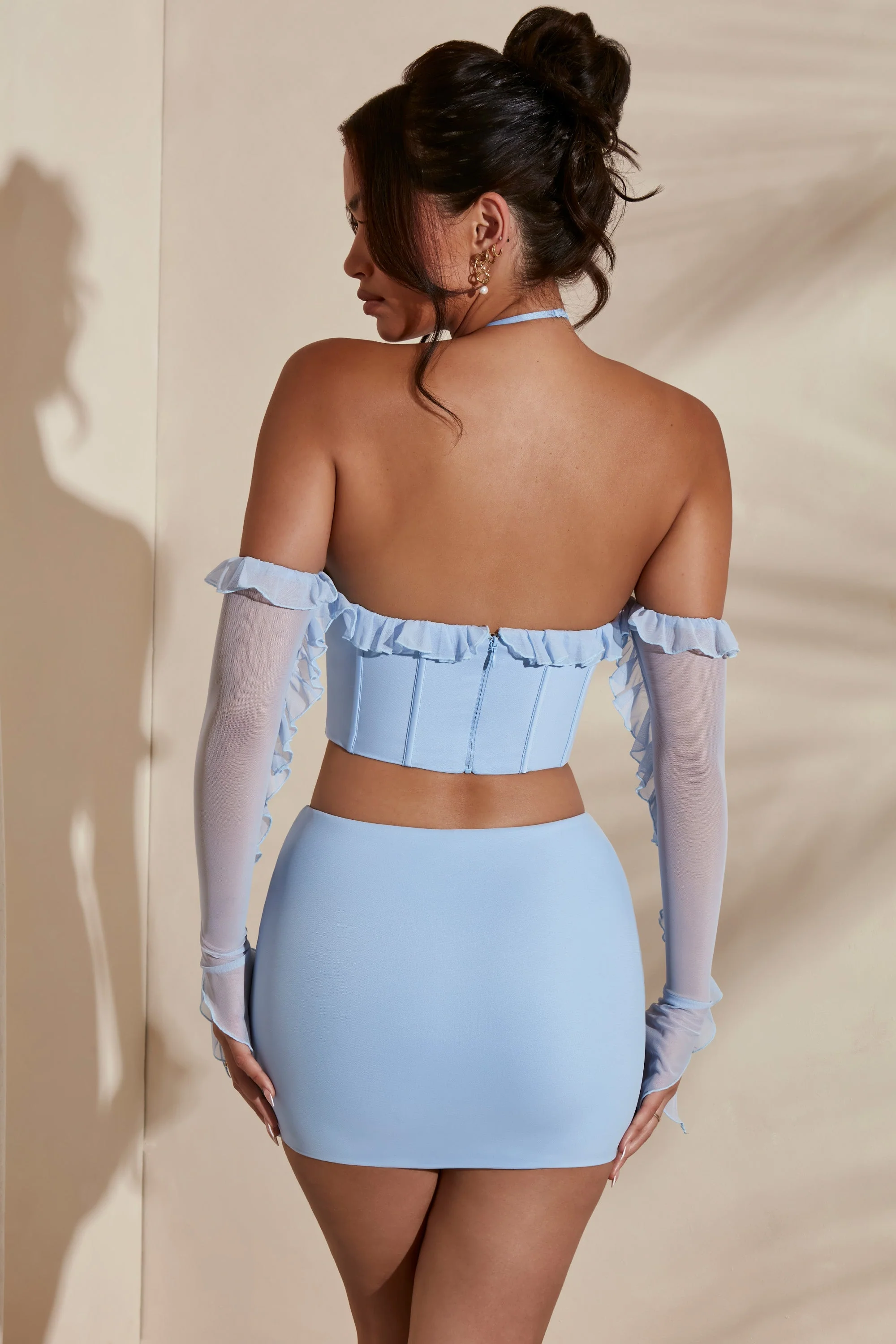 Long Sleeve Cowl Neck Corset Crop Top in Light Blue