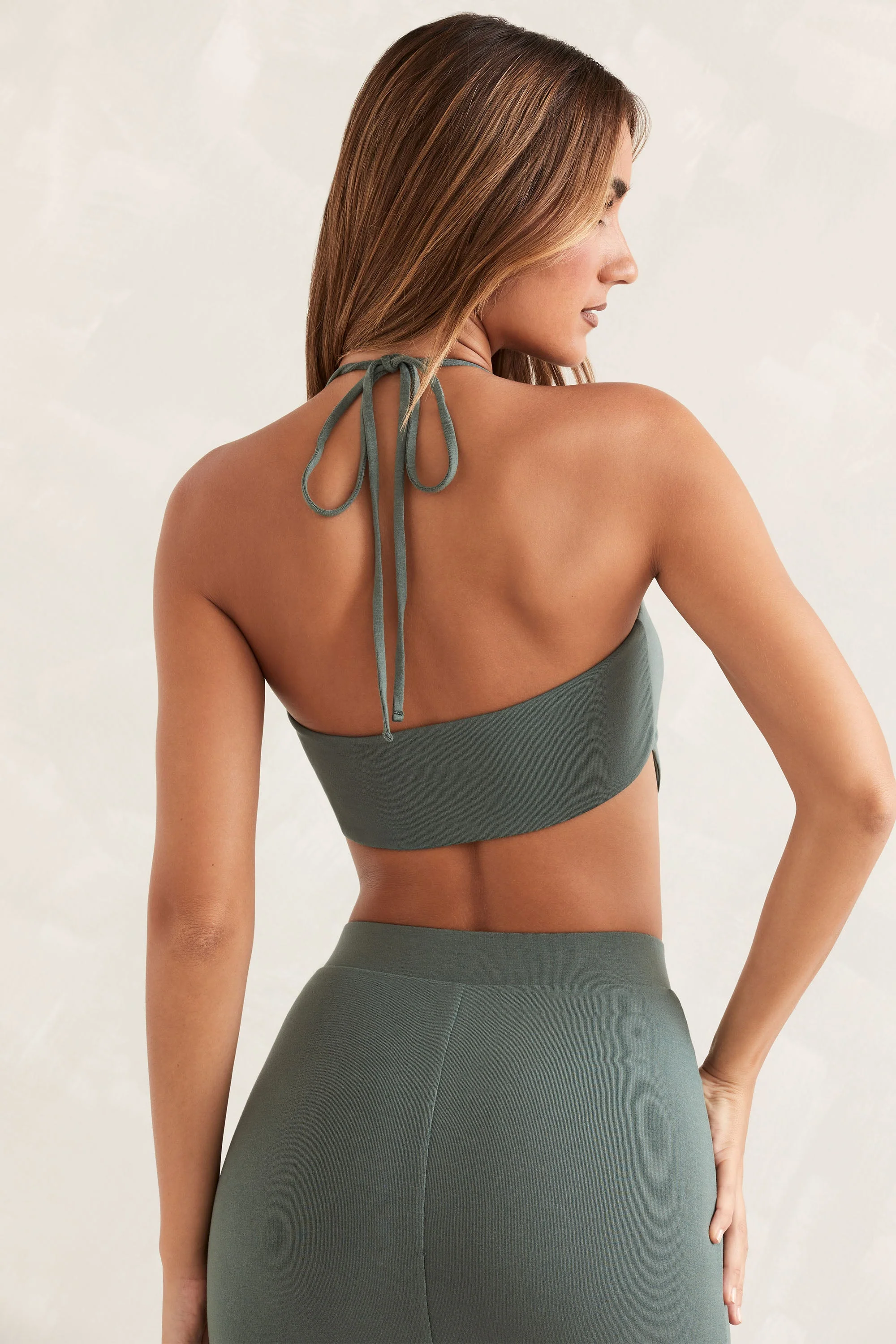 Halter Neck Angled Hem Crop Top in Green