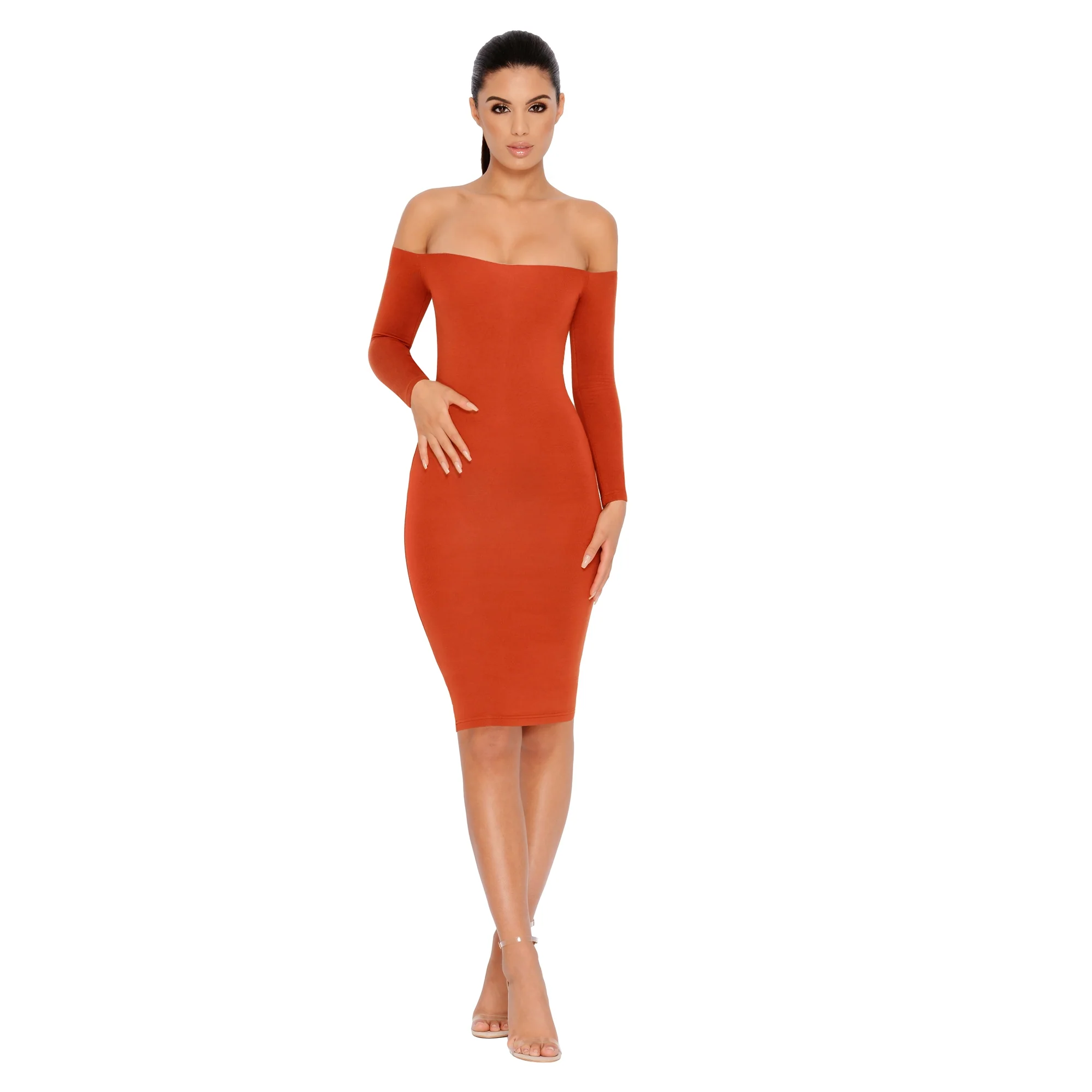 Bare Enough Off The Shoulder Double Layered Midi Dress in Copper