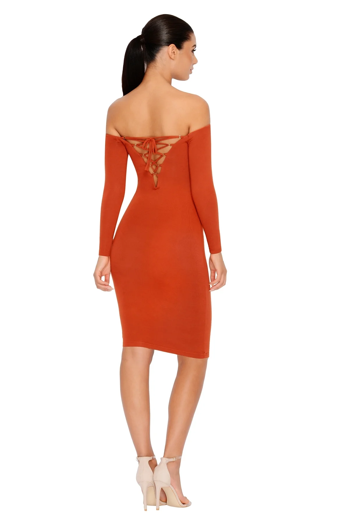 Bare Enough Off The Shoulder Double Layered Midi Dress in Copper