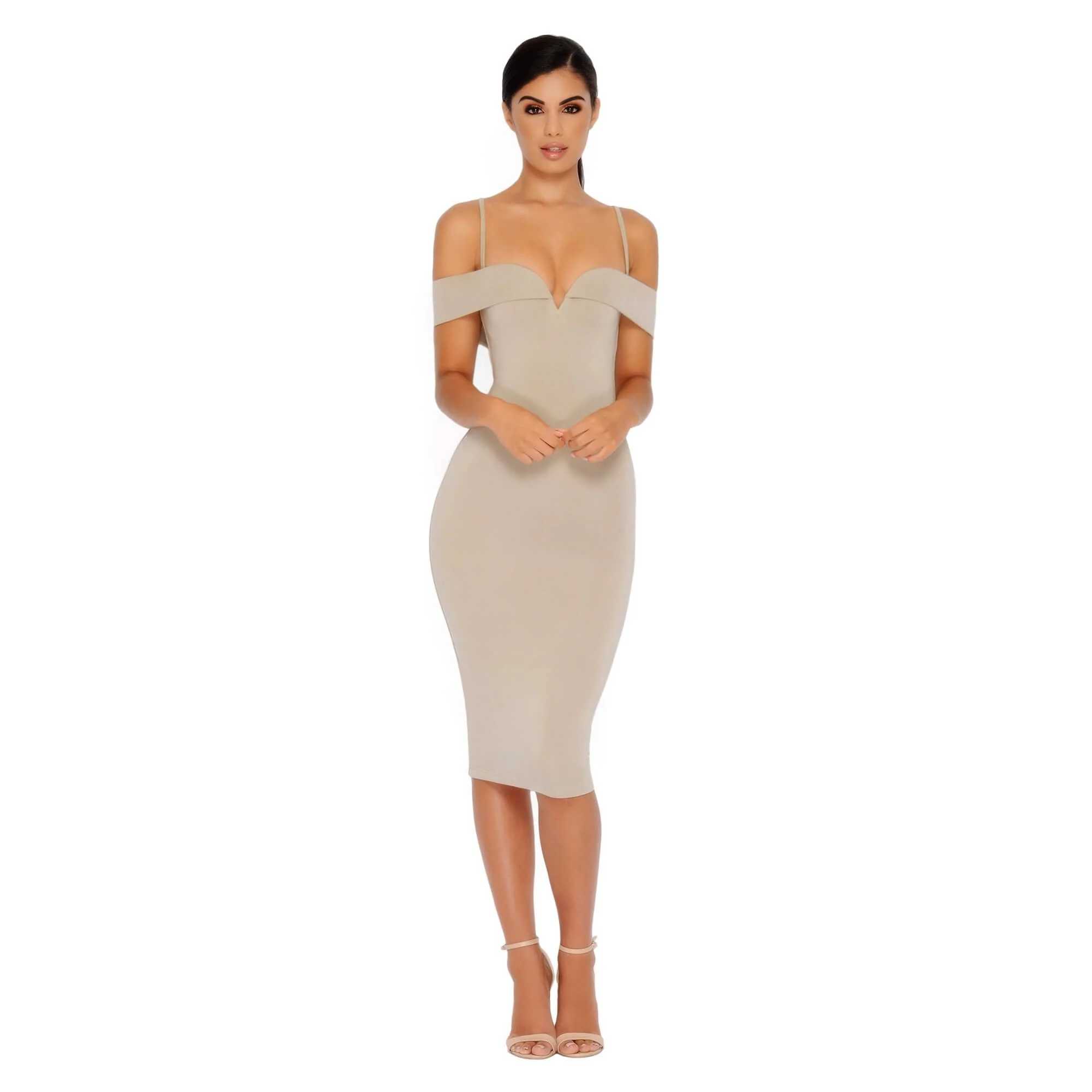 Bold Shoulder Double Layered Bardot Midi Dress in Stone