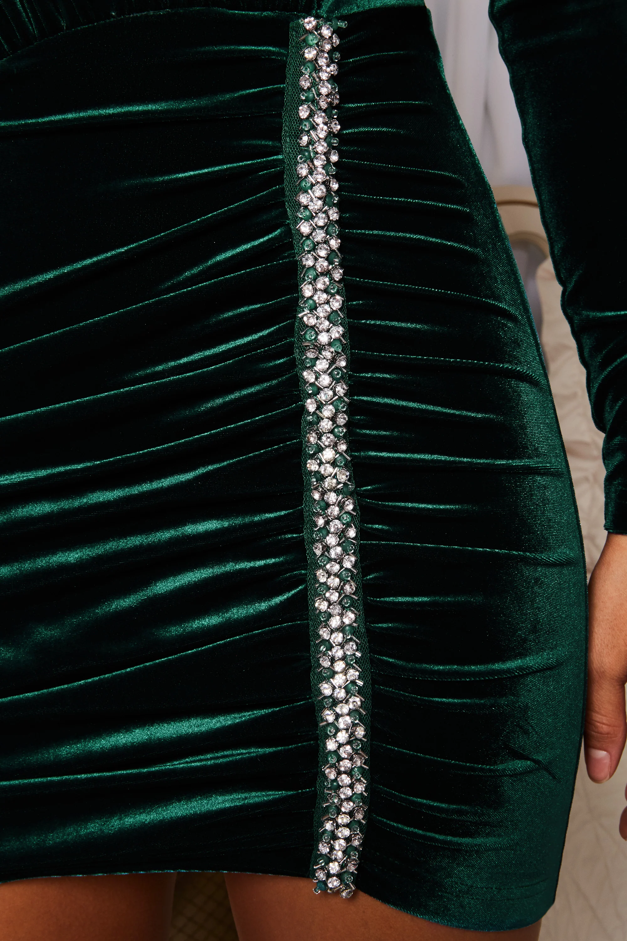 High Profile High Neck Velvet Mini Dress in Dark Green