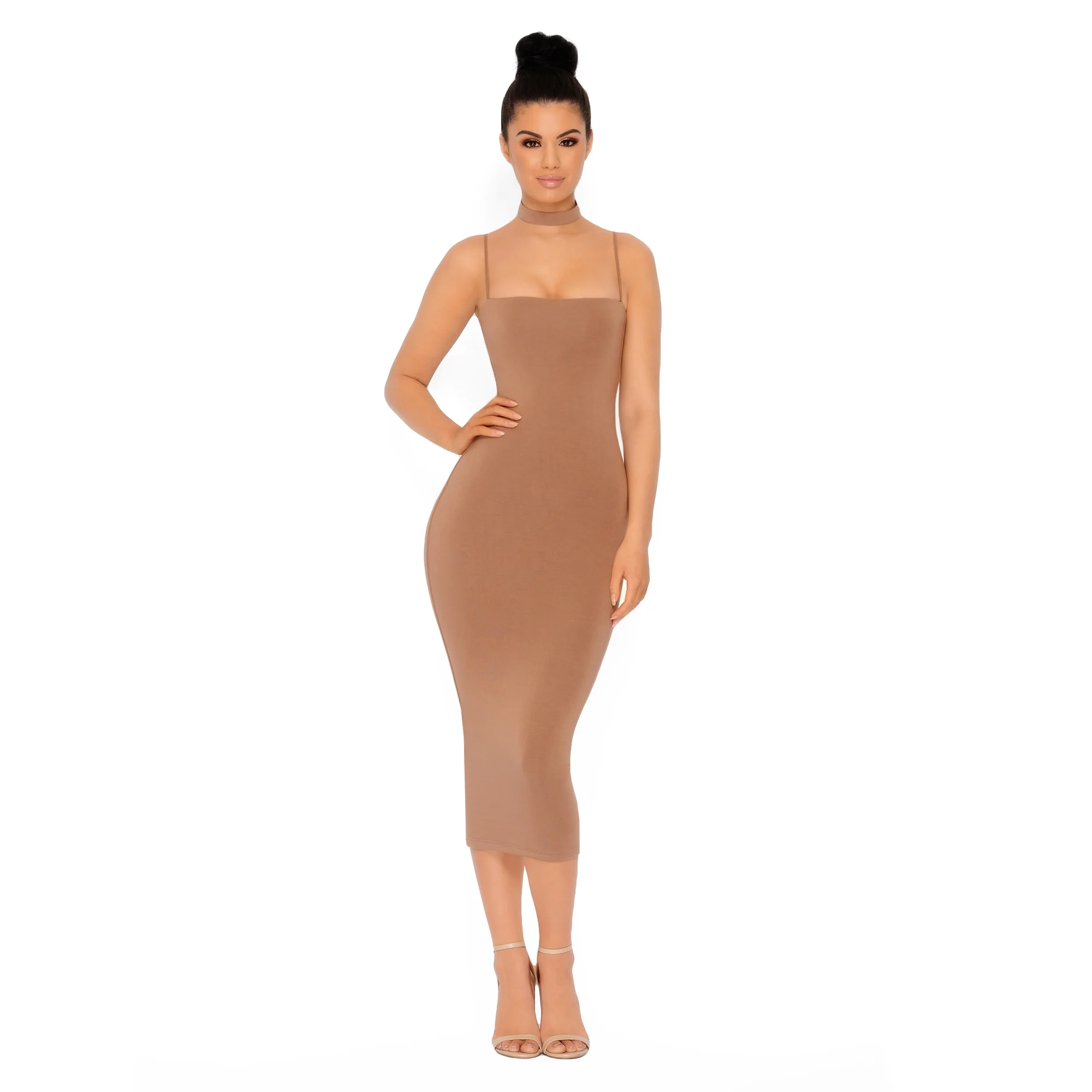 Choke Of Luck Double Layered Midi Dress with Choker in Brown