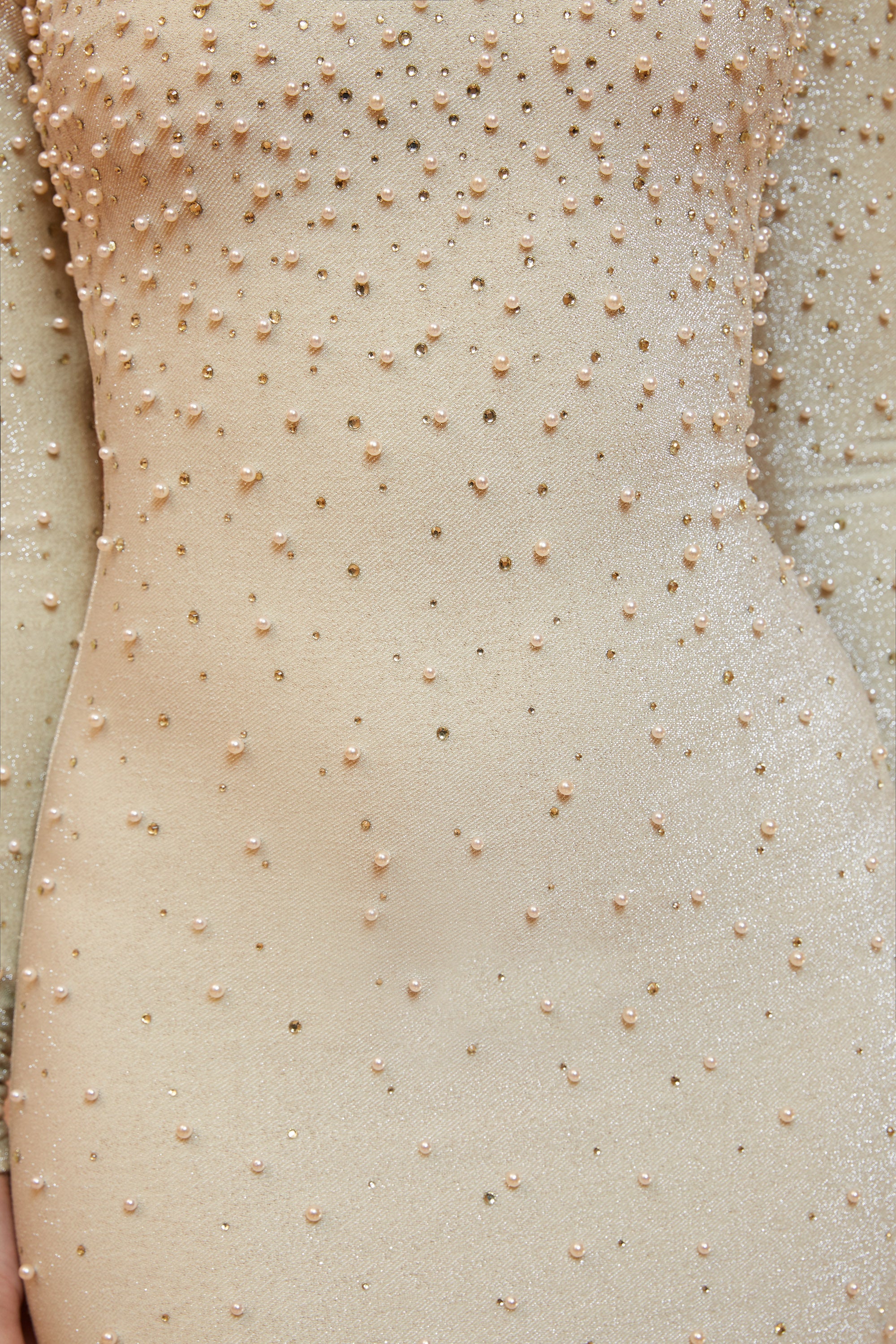 Material Girl Long Sleeved Pearl Embellished Mini Dress in Champagne