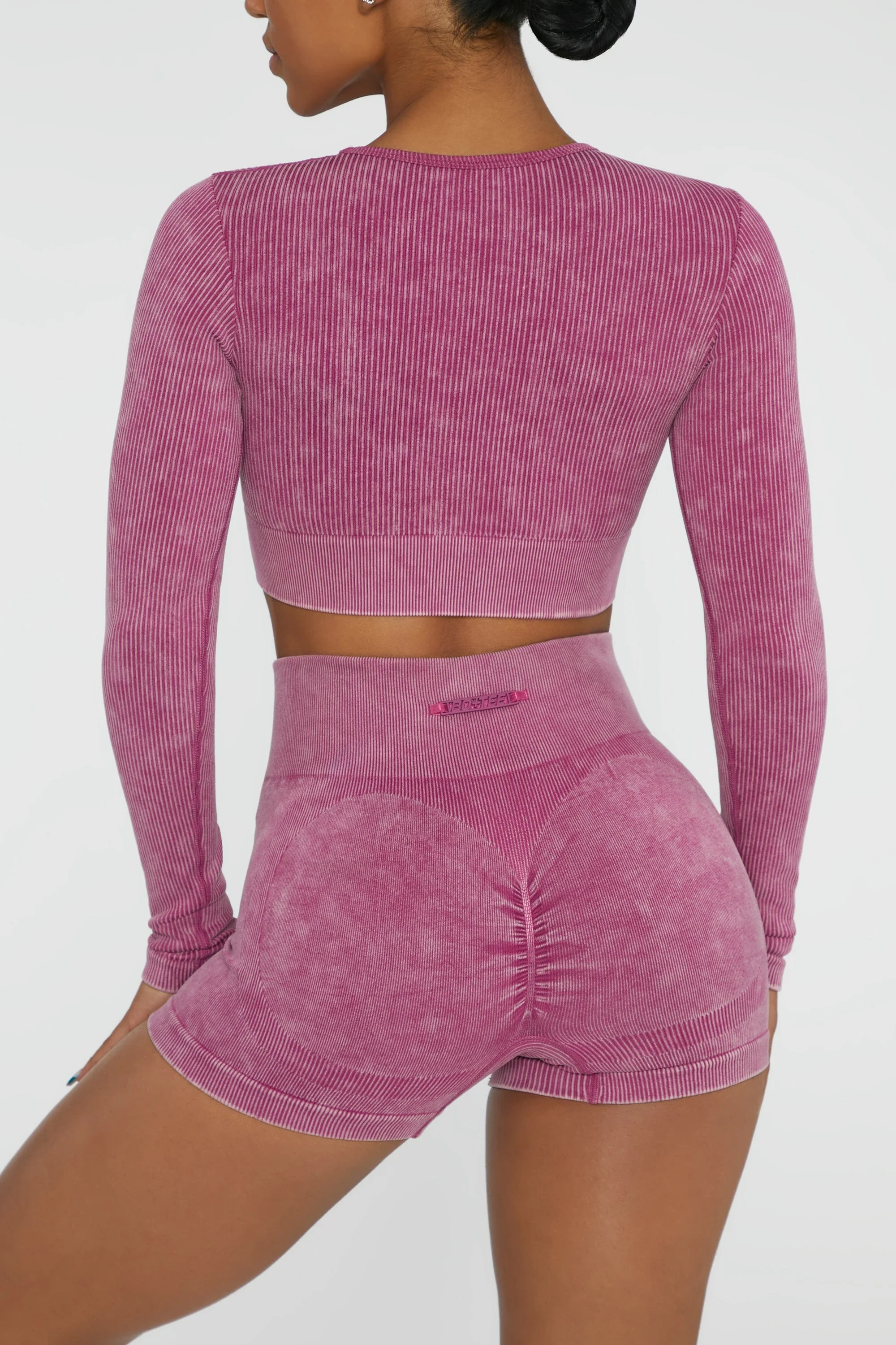 Long Sleeve High Neck Zip Crop Top in Dark Pink