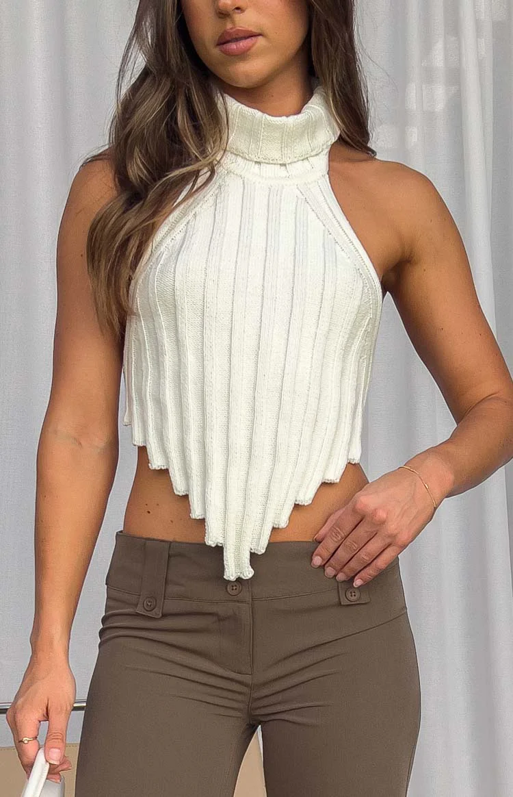 Izi White Knit High Neck Top