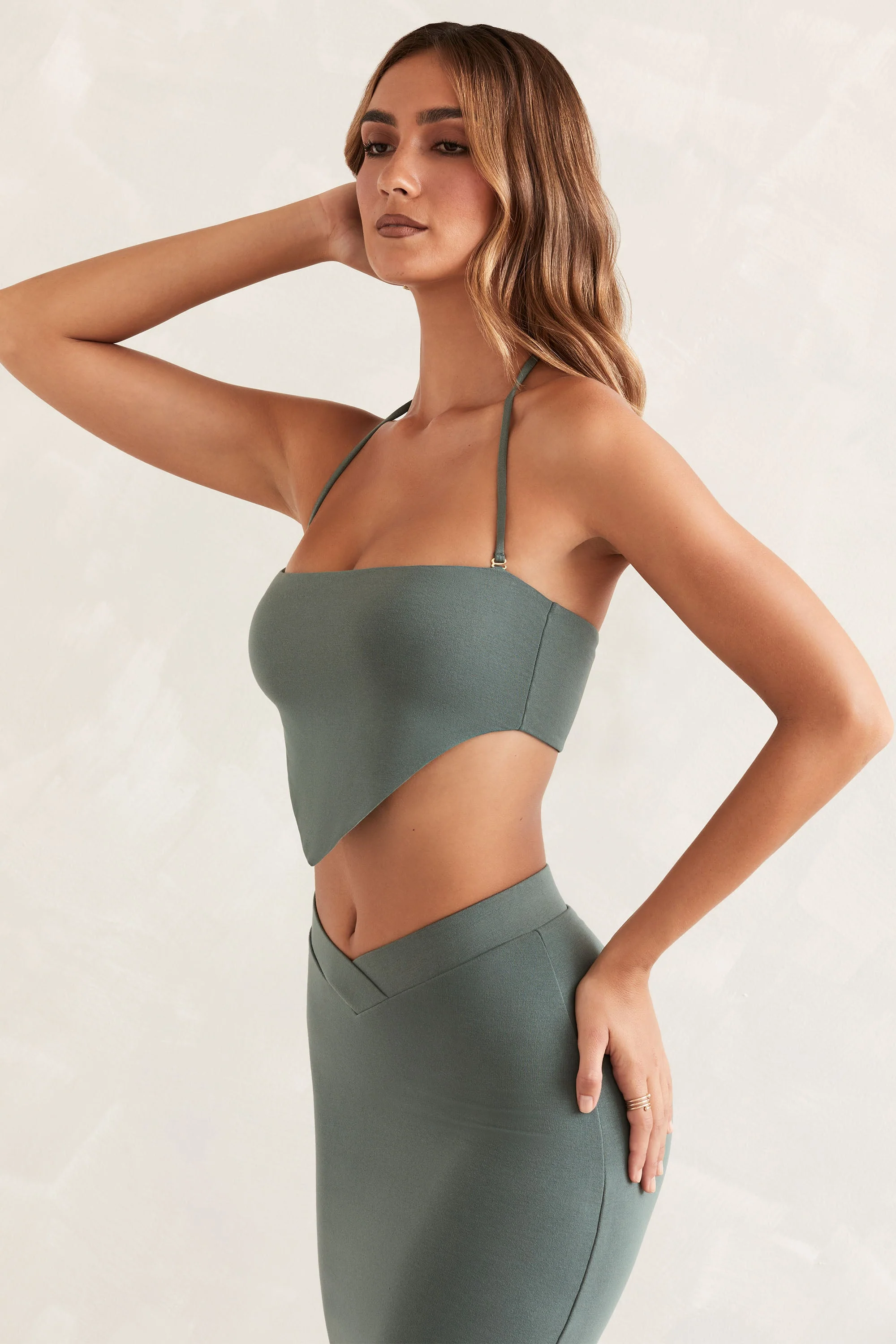 Halter Neck Angled Hem Crop Top in Green