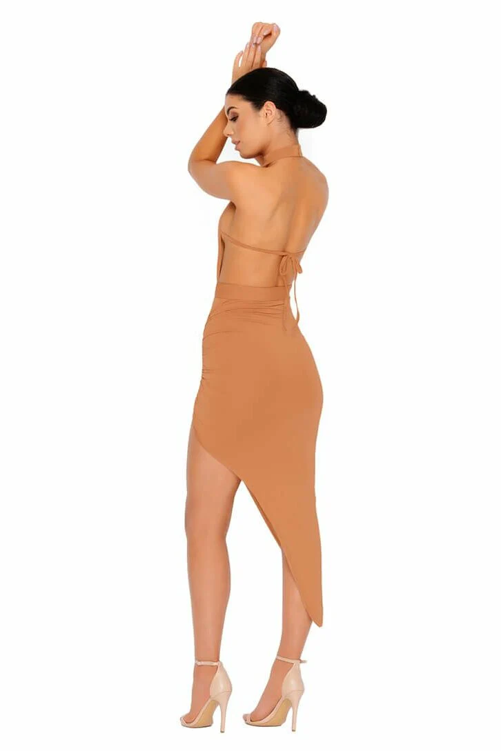 Eyes On The Thighs Halter Neck Asymmetric Midi Dress in Caramel