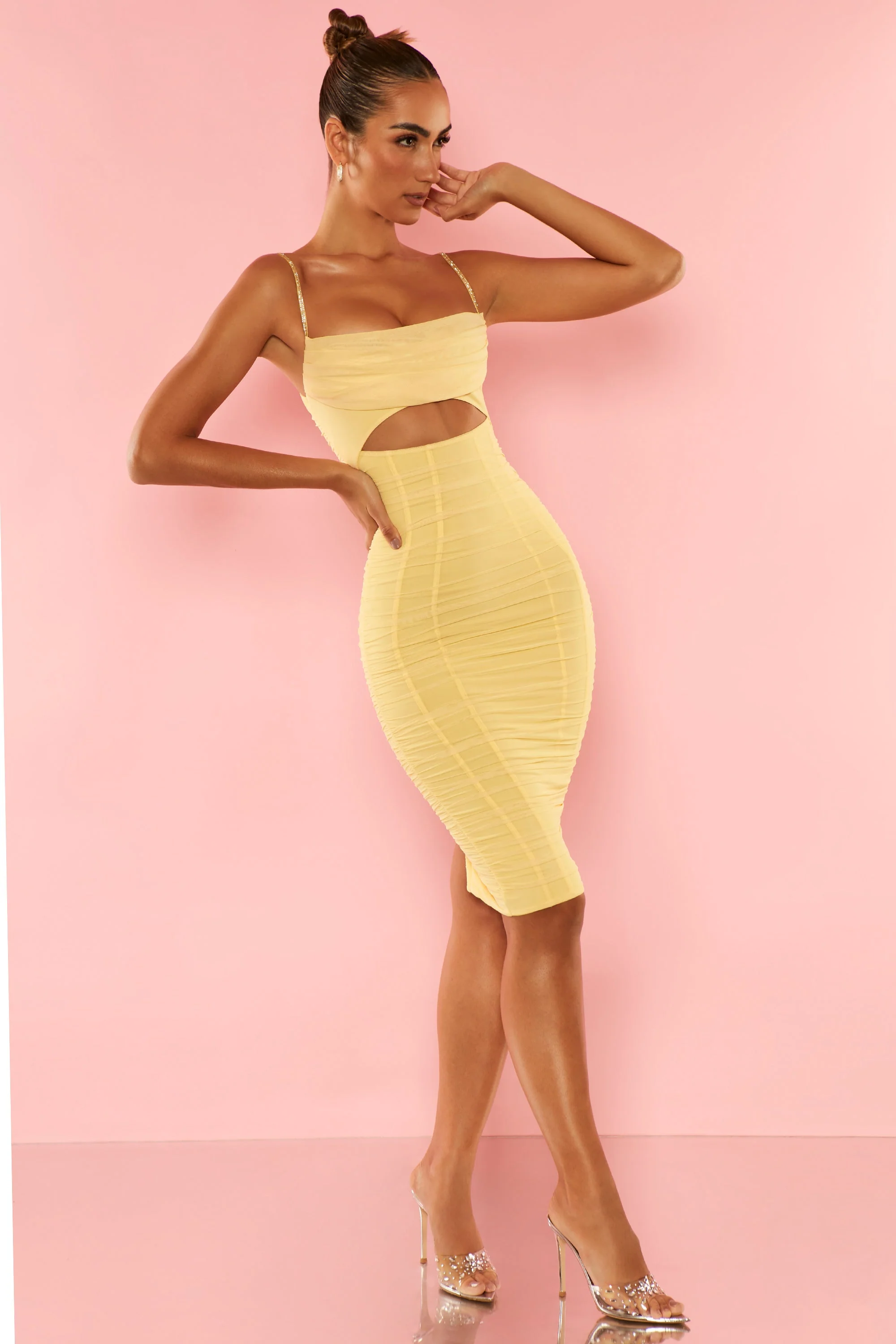 Embellished Strap Cut Out Midi Dress in Yellow