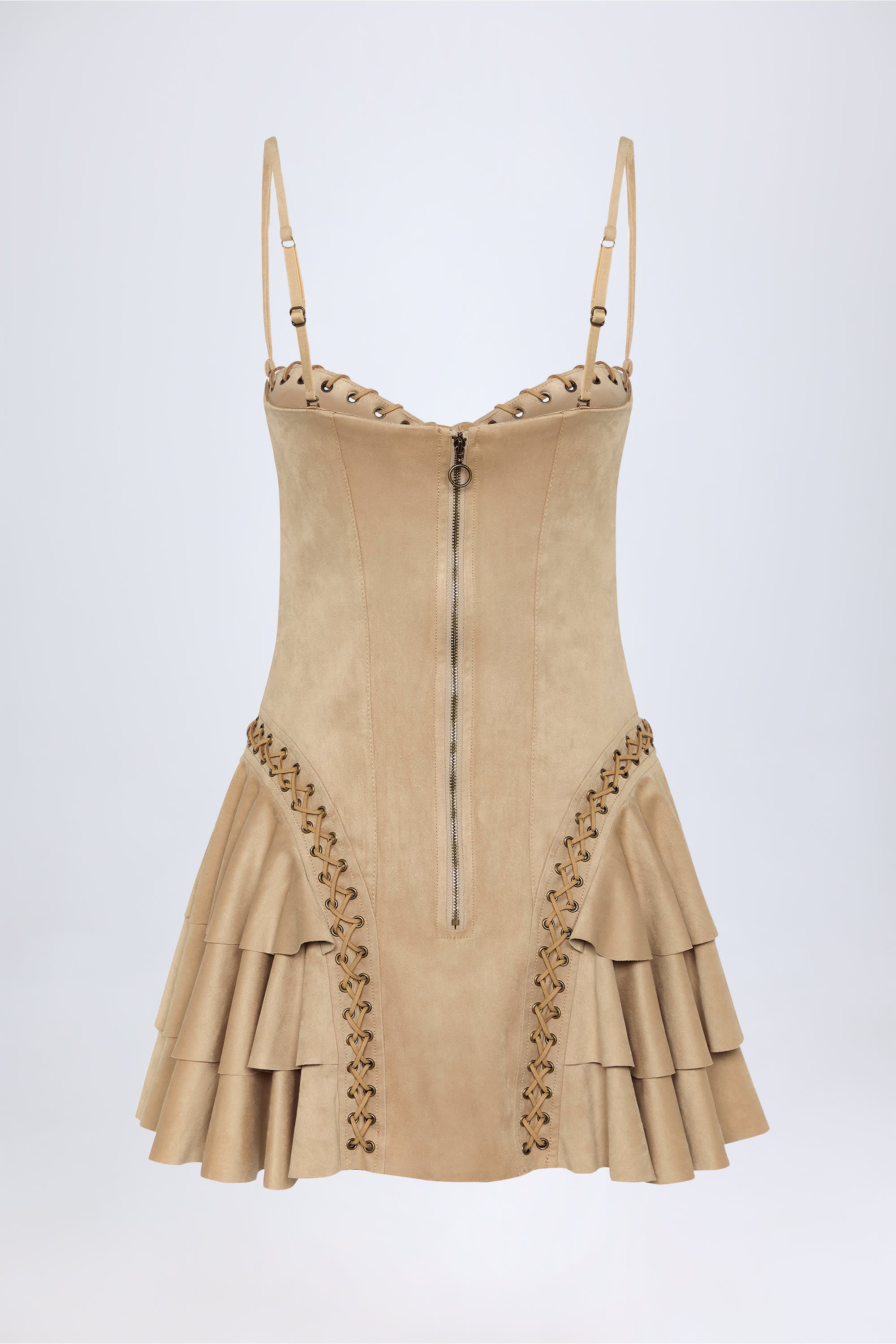 Lace-Up Tiered Corset Mini Dress in Tan