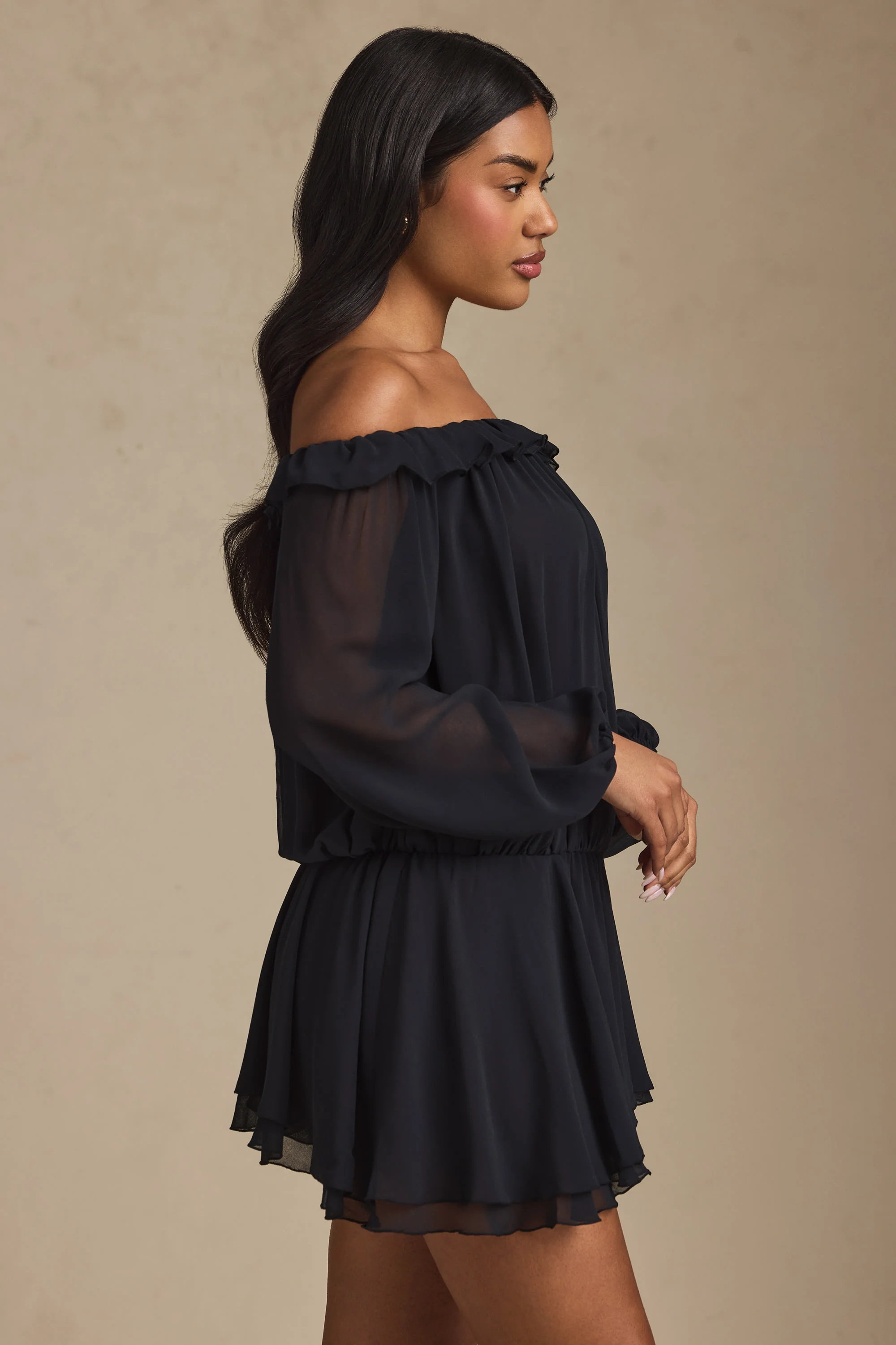 Off-Shoulder Asymmetric Balloon-Sleeve Mini Dress in Black