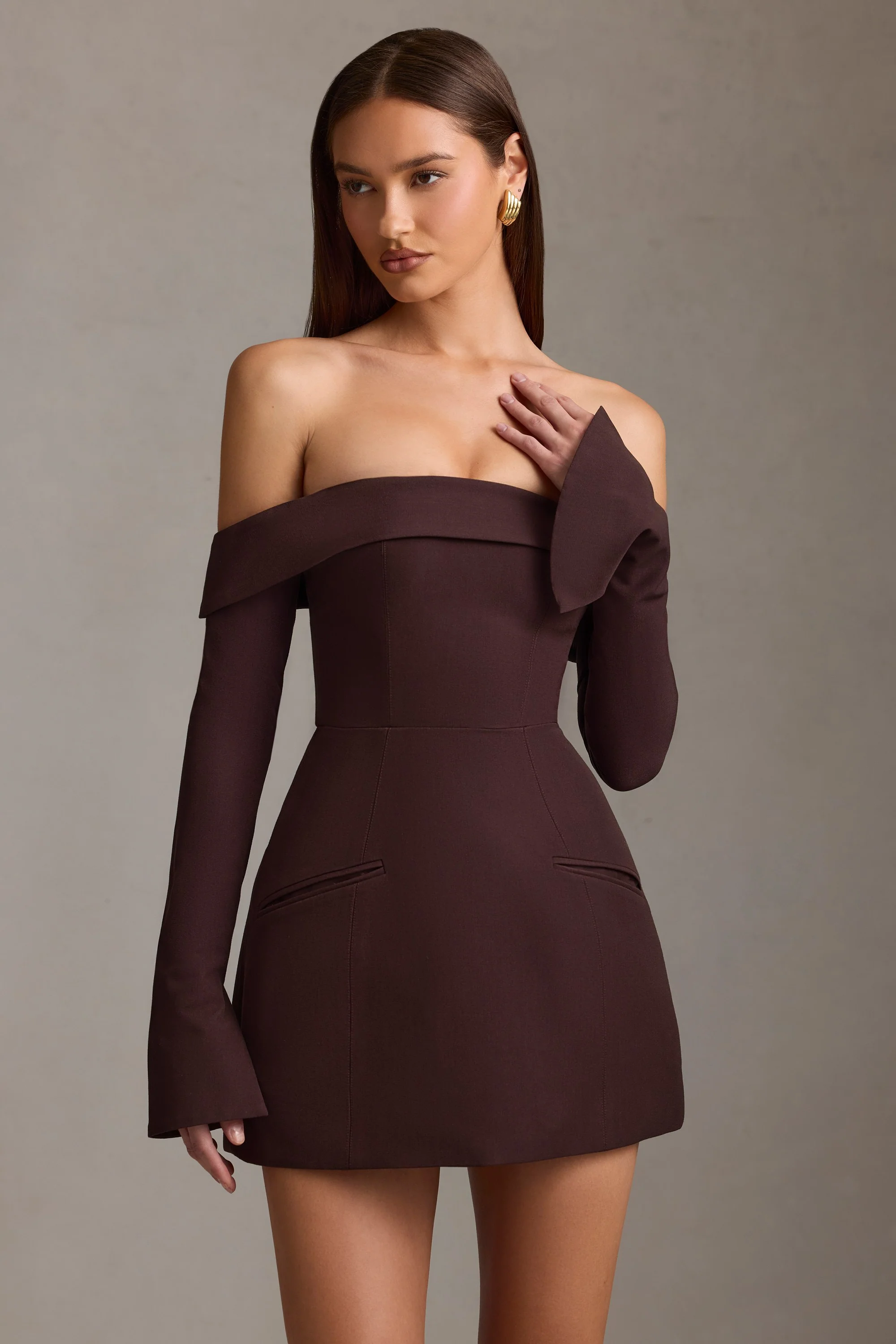 Off-Shoulder Structured A-Line Mini Dress in Chocolate Brown