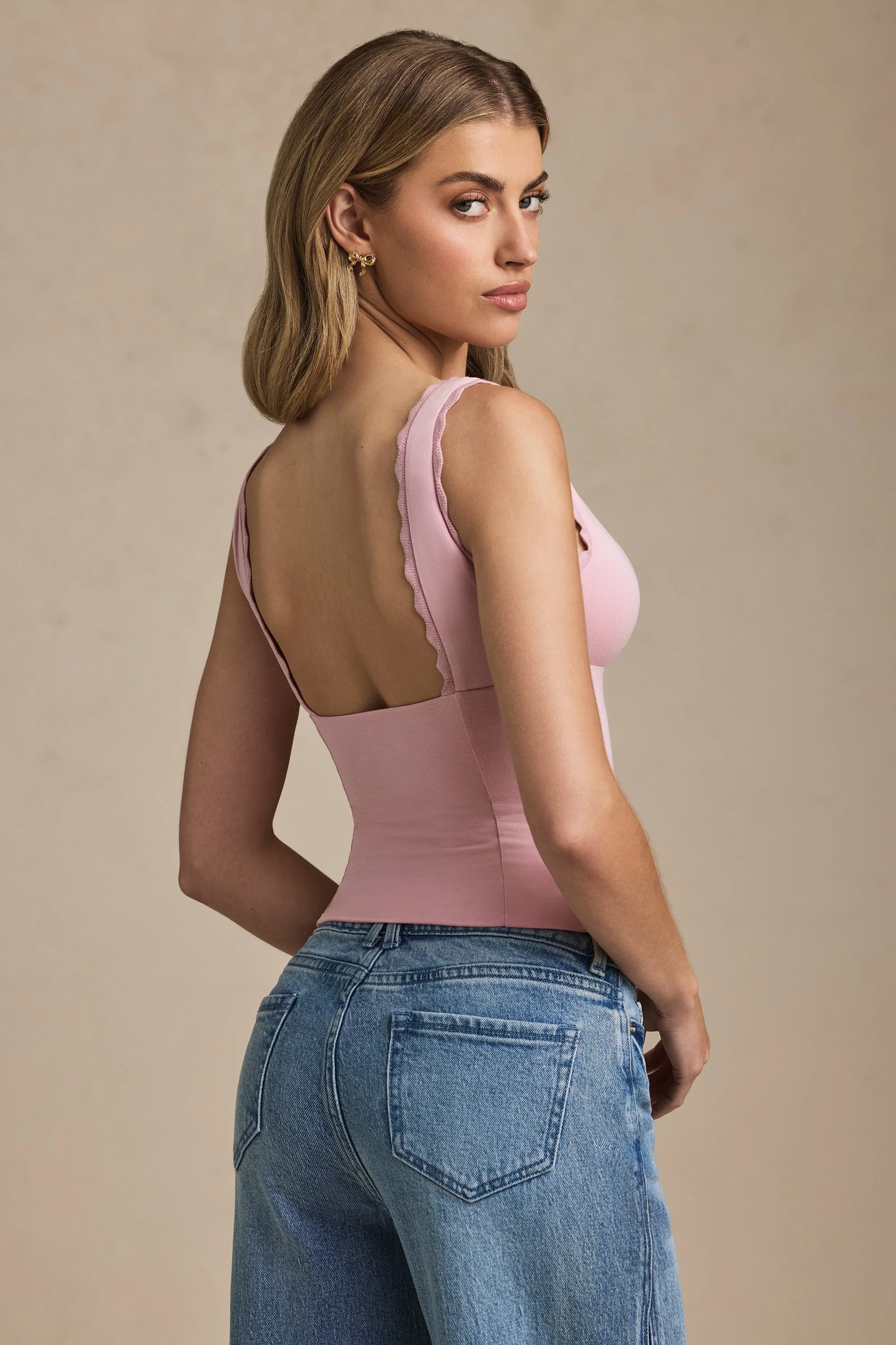 Plunge-Neck Scallop-Trim Tank Top in Soft Pink