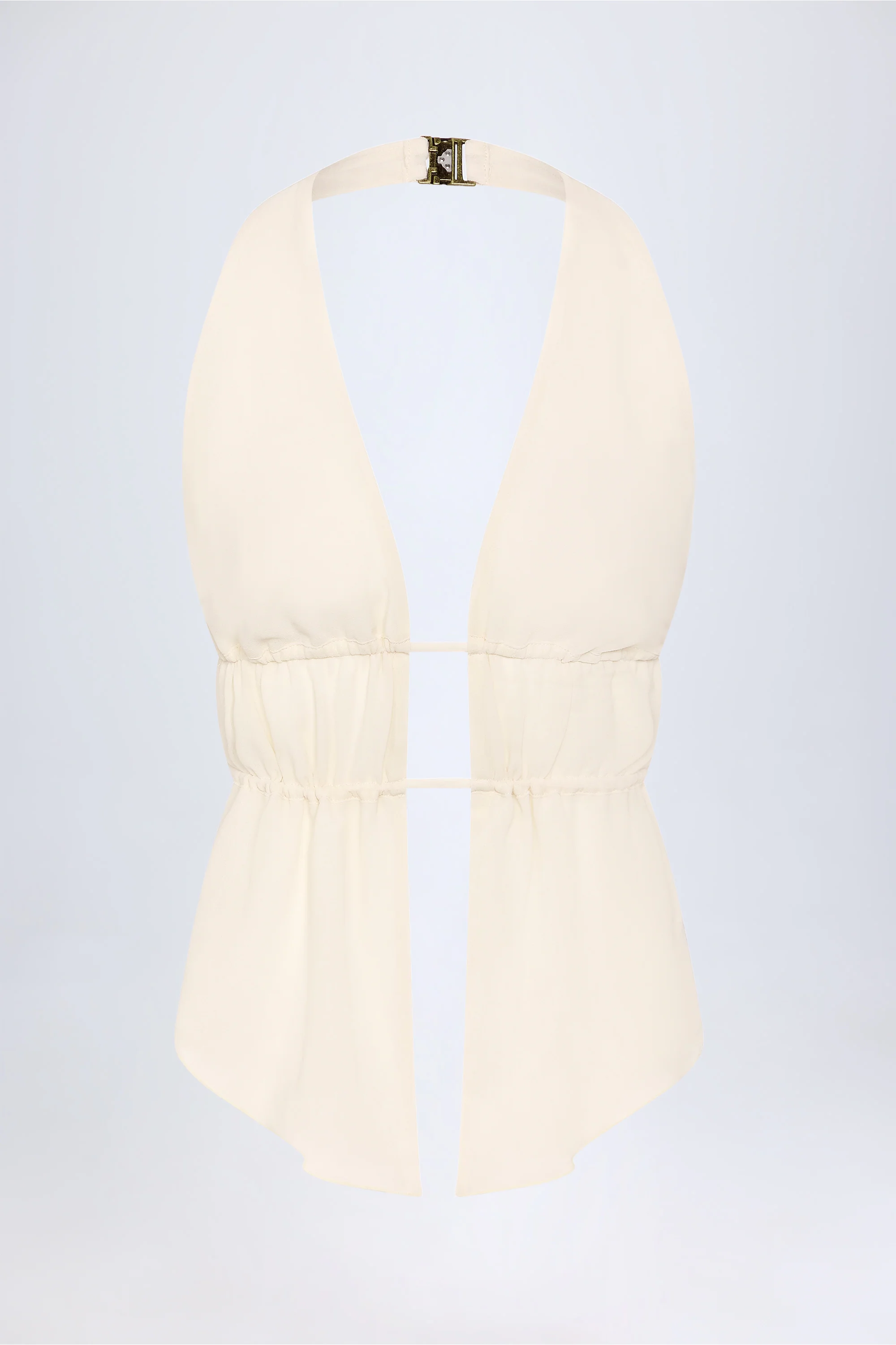Cut-Out Semi-Sheer Ruched Halterneck Crop Top in Ivory