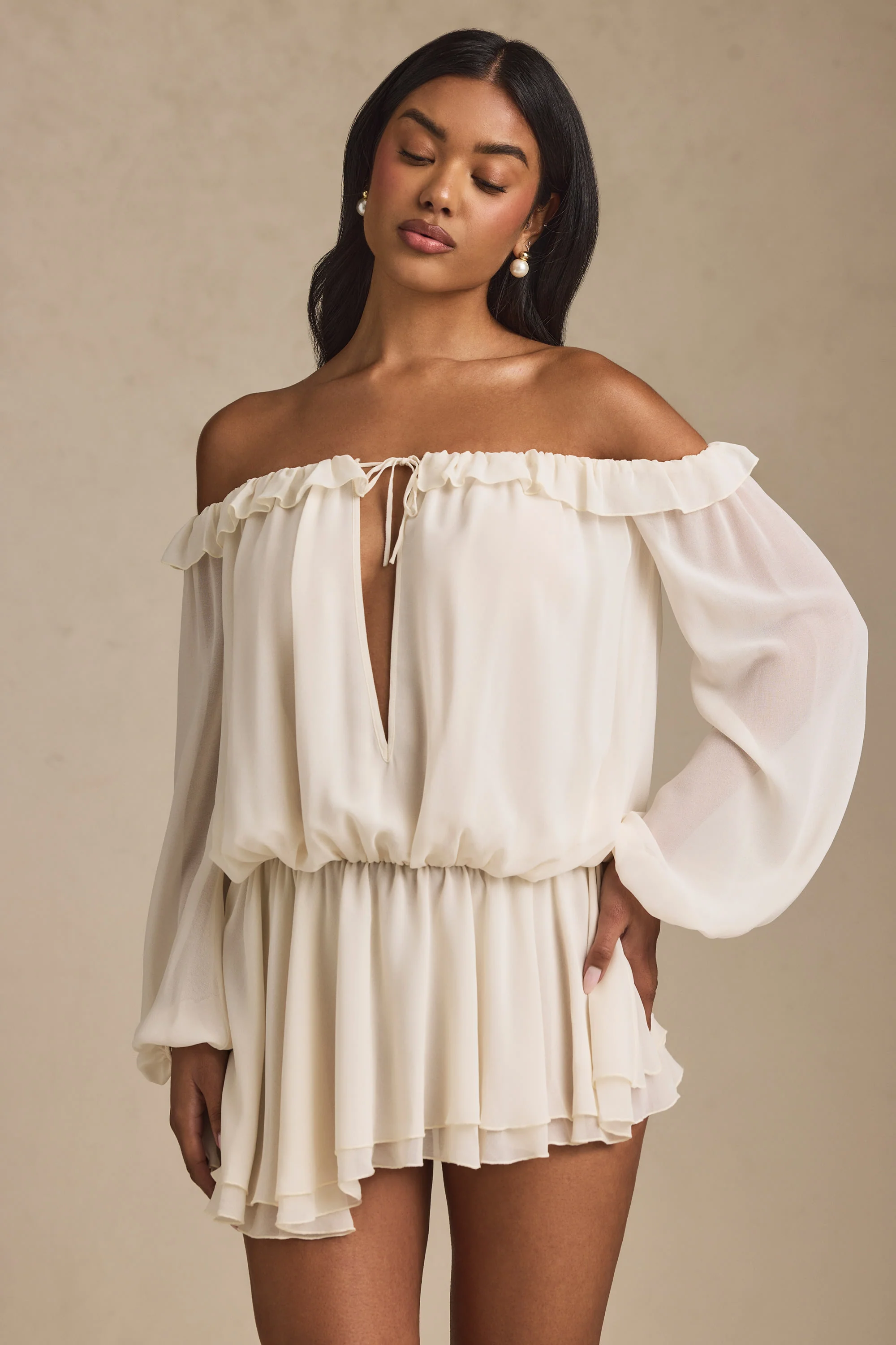 Off-Shoulder Asymmetric Balloon-Sleeve Mini Dress in Ivory