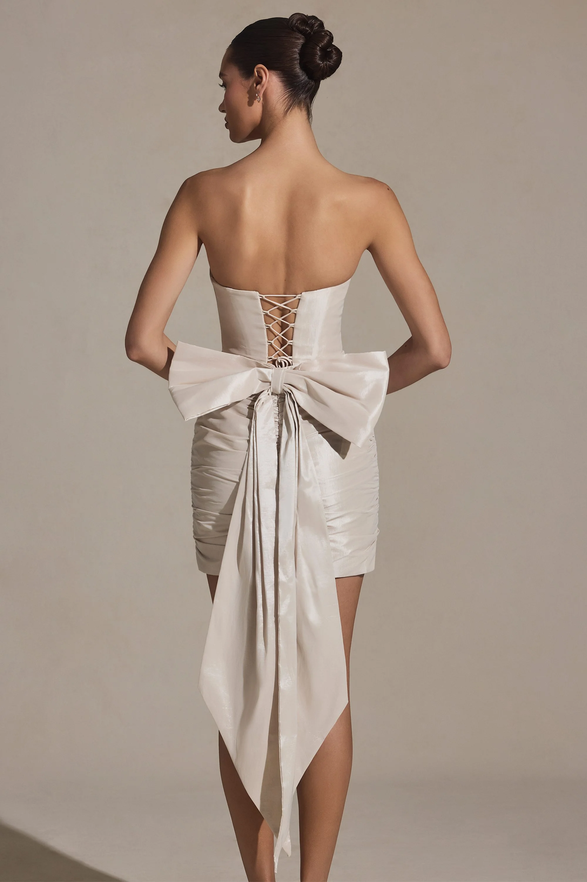 Bow-Detail Strapless Mini Dress in Ivory